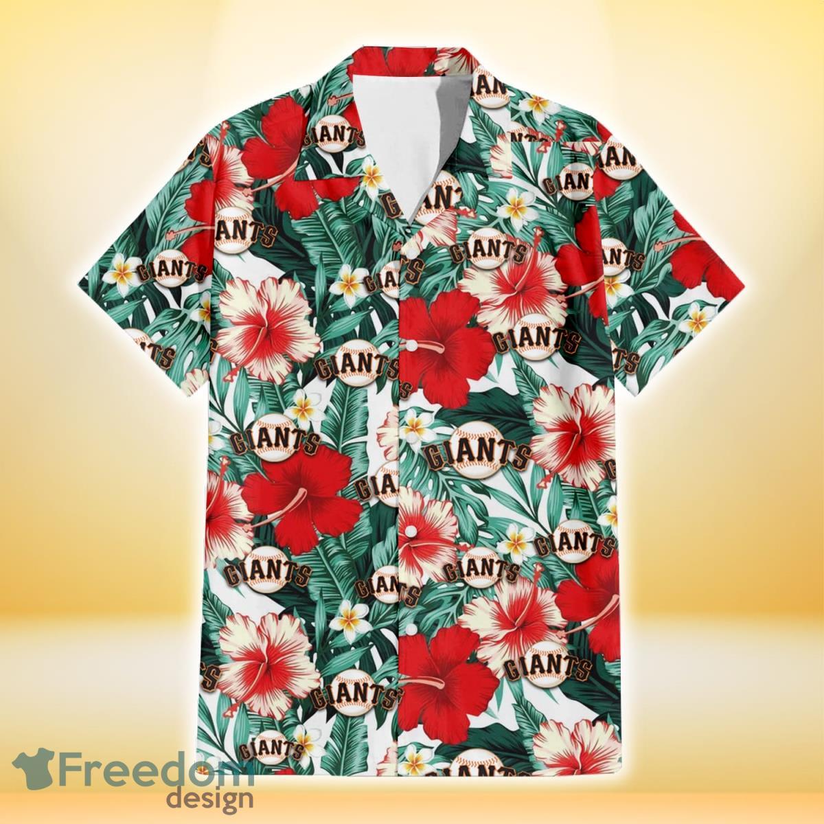 San Francisco Giants Red Coral Hibiscus White Porcelain Flower Banana Leaf 3D Hawaiian Shirt Gift For Fans Product Photo 2