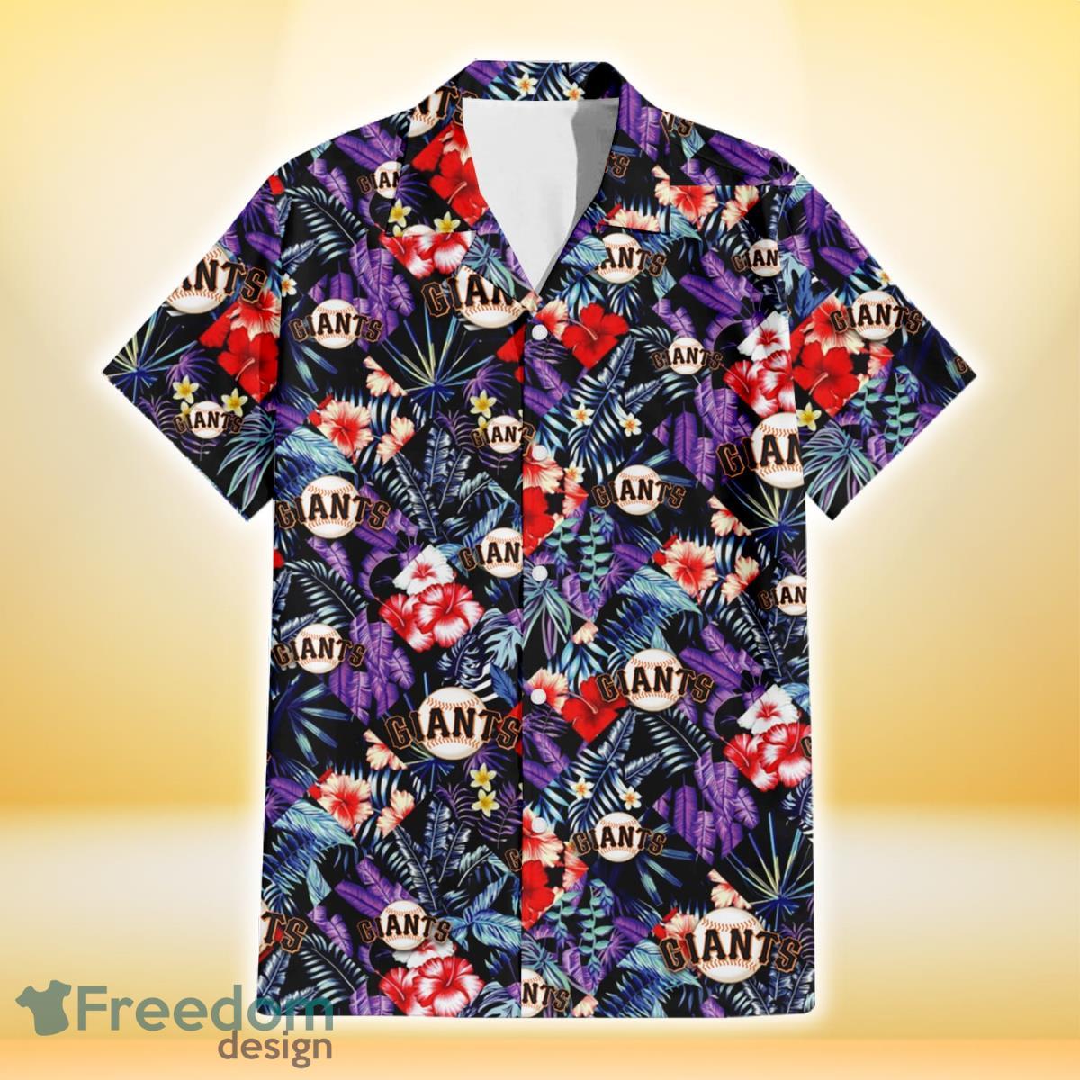 San Francisco Giants Red Hibiscus Caro Black Background 3D Hawaiian Shirt Gift For Fans Product Photo 2