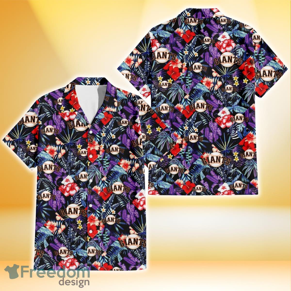 San Francisco Giants Red Hibiscus Caro Black Background 3D Hawaiian Shirt Gift For Fans Product Photo 1