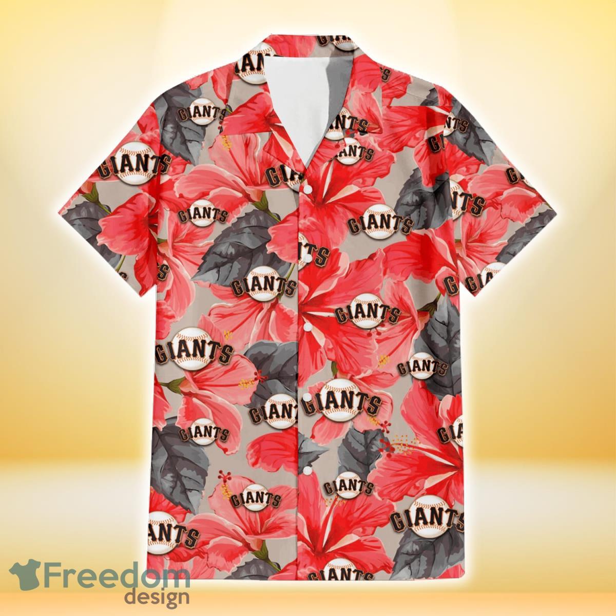 San Francisco Giants Red Hibiscus Gray Leaf Beige Background 3D Hawaiian Shirt Gift For Fans Product Photo 2