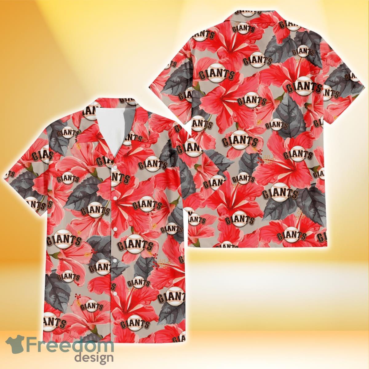 San Francisco Giants Red Hibiscus Gray Leaf Beige Background 3D Hawaiian Shirt Gift For Fans Product Photo 1