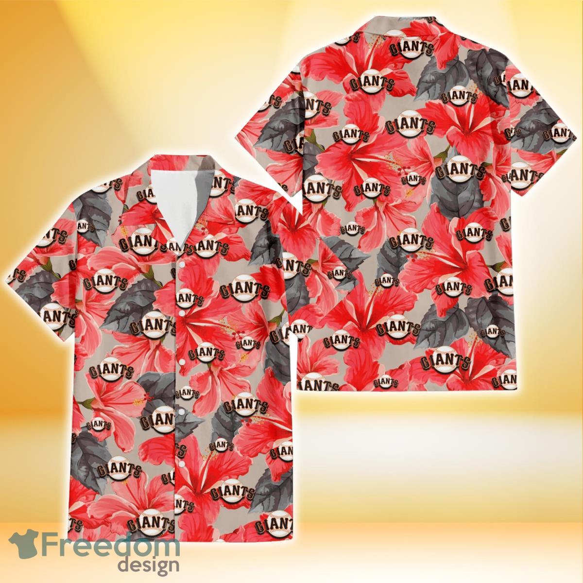 San Francisco Giants Red Hibiscus Gray Leaf Gainsboro Background 3D Hawaiian Shirt Gift For Fans Product Photo 1