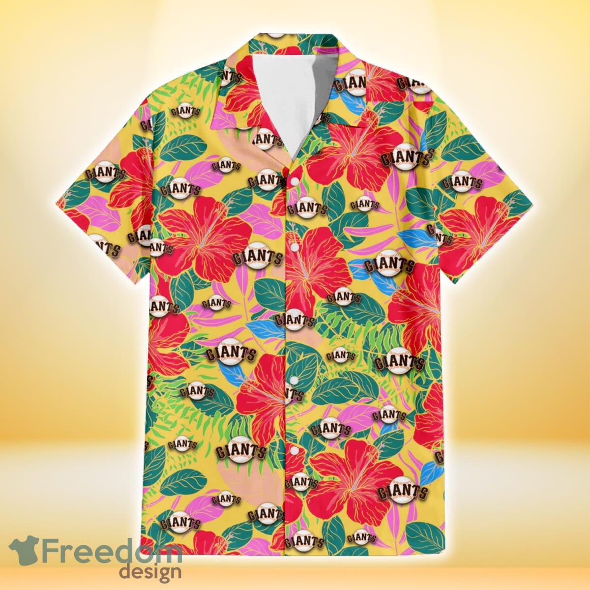 San Francisco Giants Red Hibiscus Green Blue Leaf Yellow Background 3D Hawaiian Shirt Gift For Fans Product Photo 2