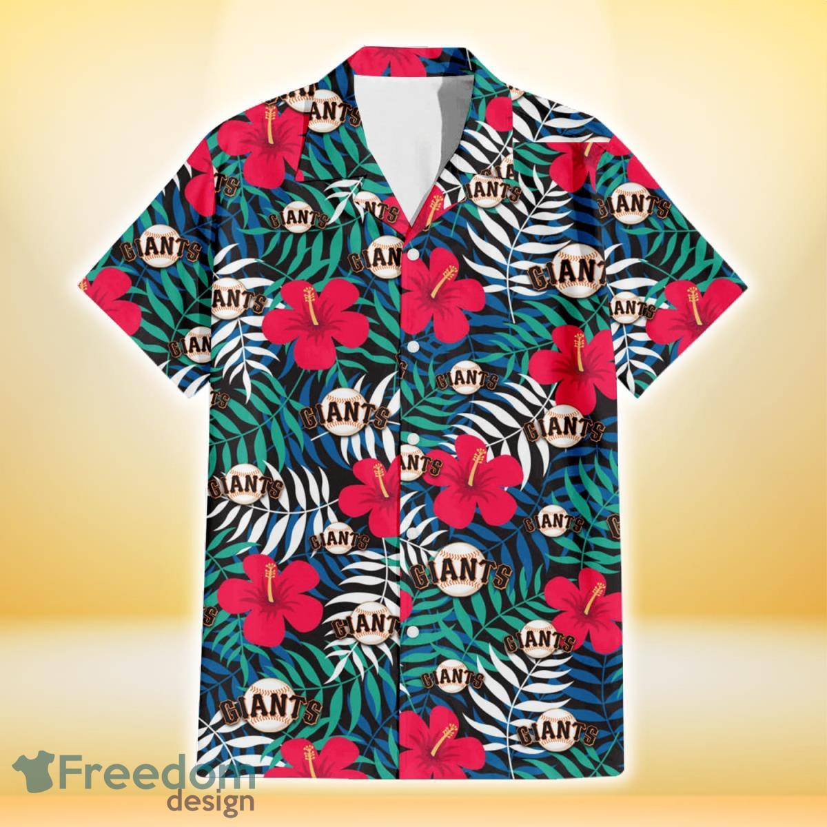 San Francisco Giants Red Hibiscus Green Blue White Leaf Black Background 3D Hawaiian Shirt Gift For Fans Product Photo 2