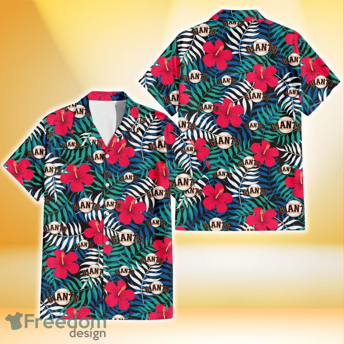 San Francisco Giants Red Hibiscus Green Blue White Leaf Black Background 3D Hawaiian Shirt Gift For Fans Product Photo 1