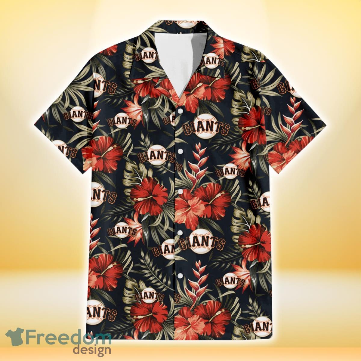 San Francisco Giants Red Hibiscus Green Leaf Dark Background 3D Hawaiian Shirt Gift For Fans Product Photo 2