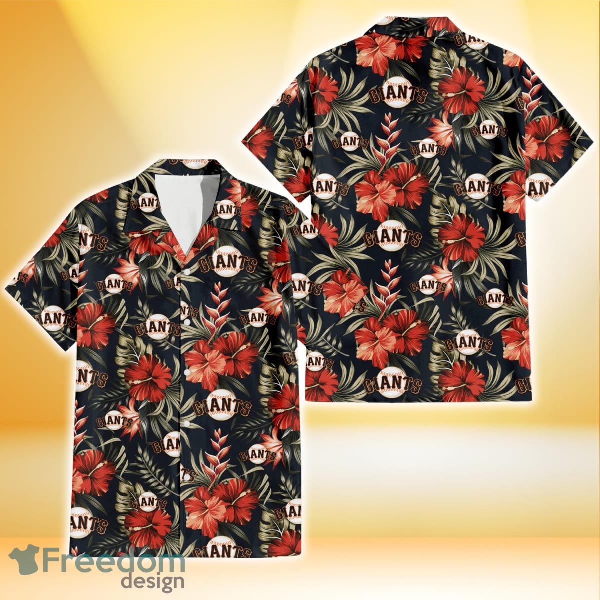 San Francisco Giants Red Hibiscus Green Leaf Dark Background 3D Hawaiian Shirt Gift For Fans Product Photo 1