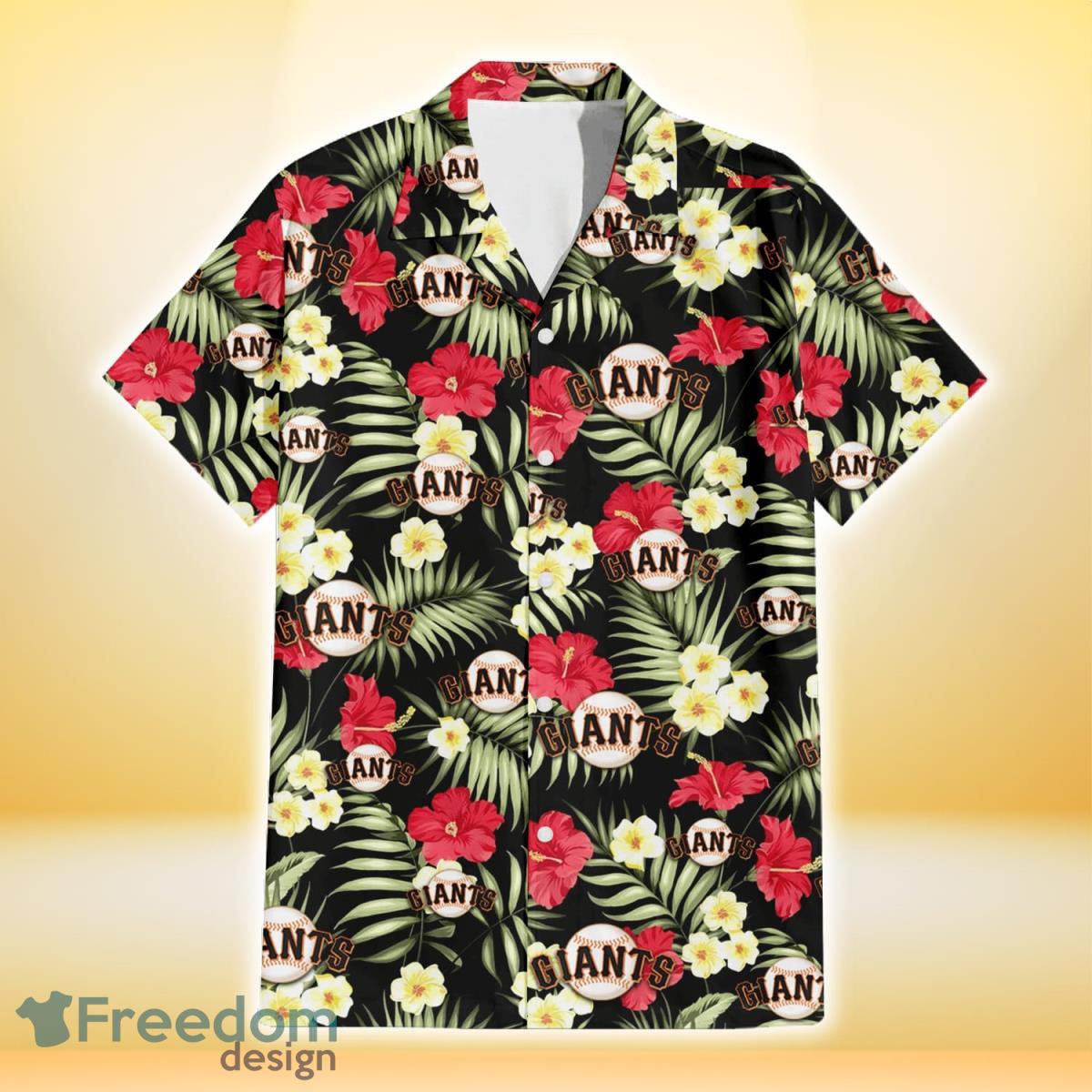 San Francisco Giants Red Hibiscus Yellow Porcelain Flower Black Background 3D Hawaiian Shirt Gift For Fans Product Photo 2