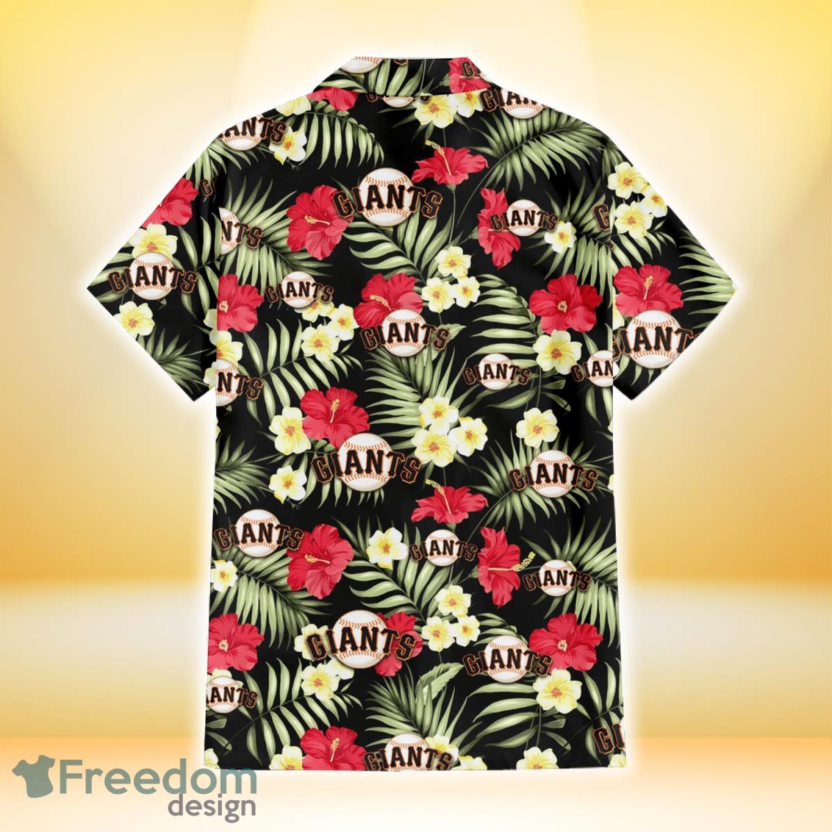 San Francisco Giants Red Hibiscus Green Tropical Leaf Cream Background  Hawaiian Shirt