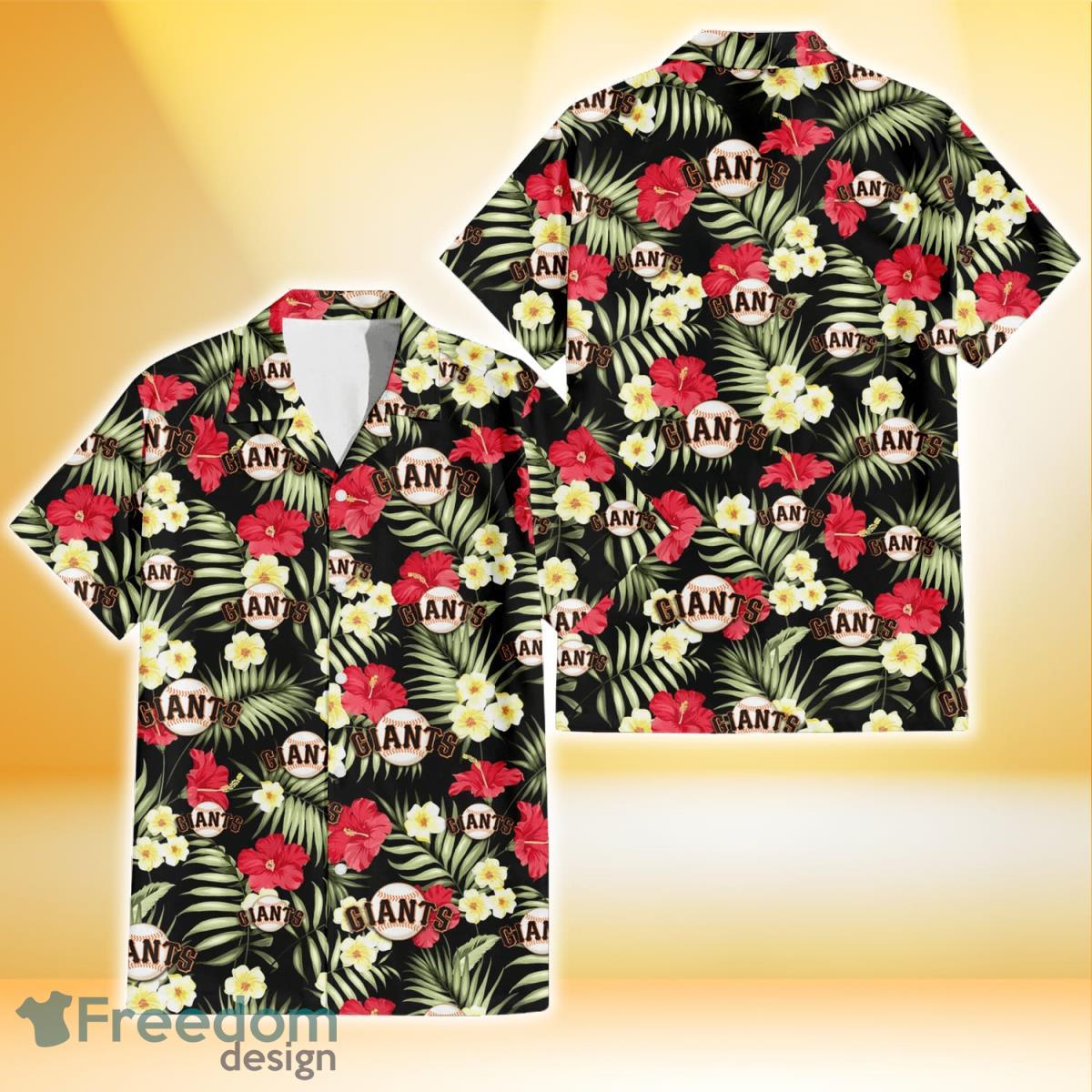 San Francisco Giants Red Hibiscus Yellow Porcelain Flower Black Background 3D Hawaiian Shirt Gift For Fans Product Photo 1