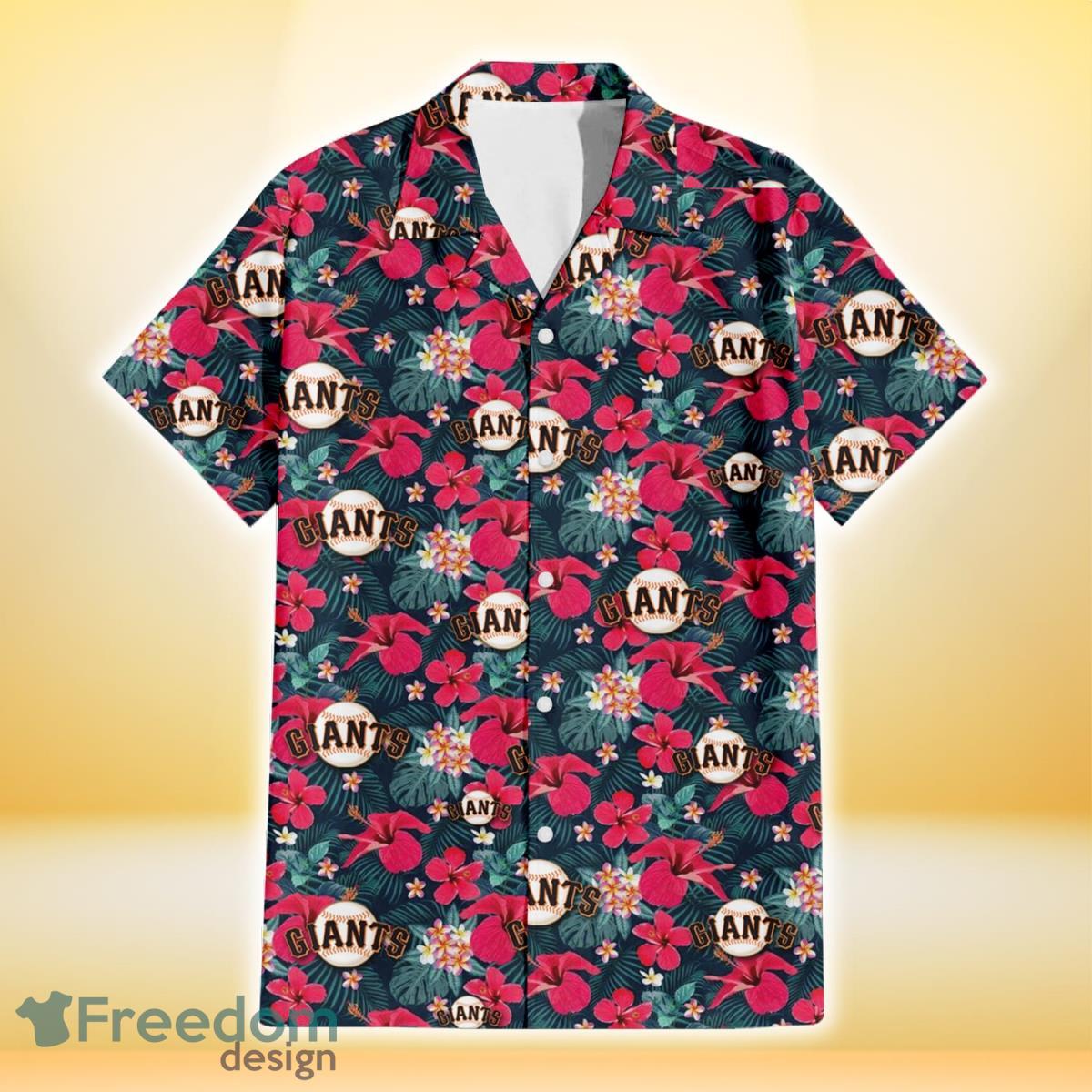 San Francisco Giants Tiny Red Hibiscus White Porcelain Flower Black Background 3D Hawaiian Shirt Gift For Fans Product Photo 2