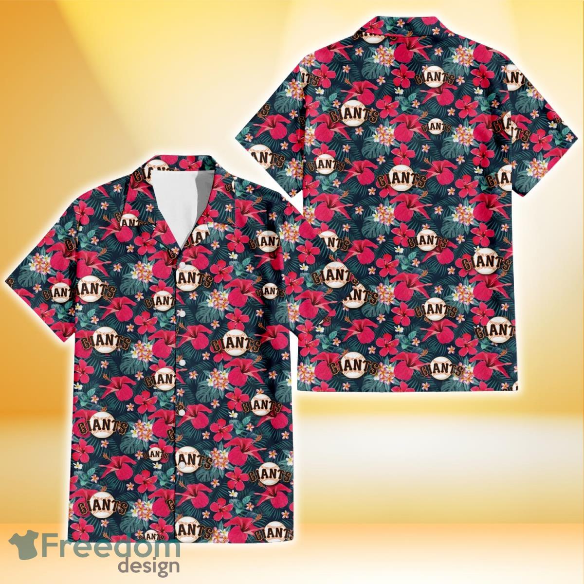 San Francisco Giants Tiny Red Hibiscus White Porcelain Flower Black Background 3D Hawaiian Shirt Gift For Fans Product Photo 1