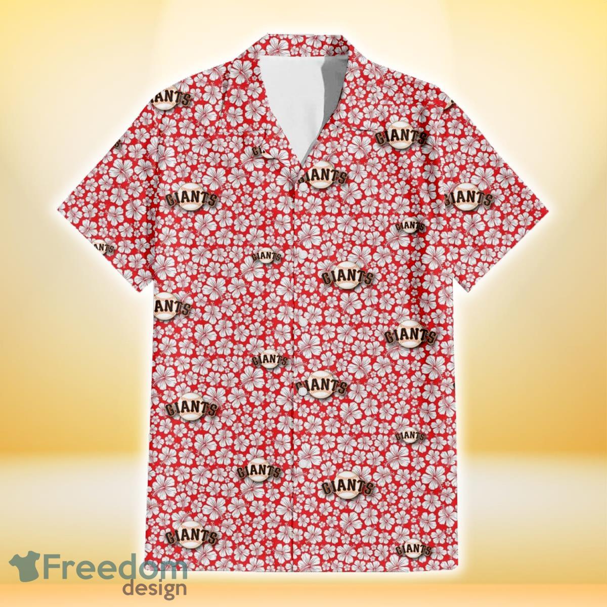 San Francisco Giants Tiny White Hibiscus Pattern Red Background 3D Hawaiian Shirt Gift For Fans Product Photo 2