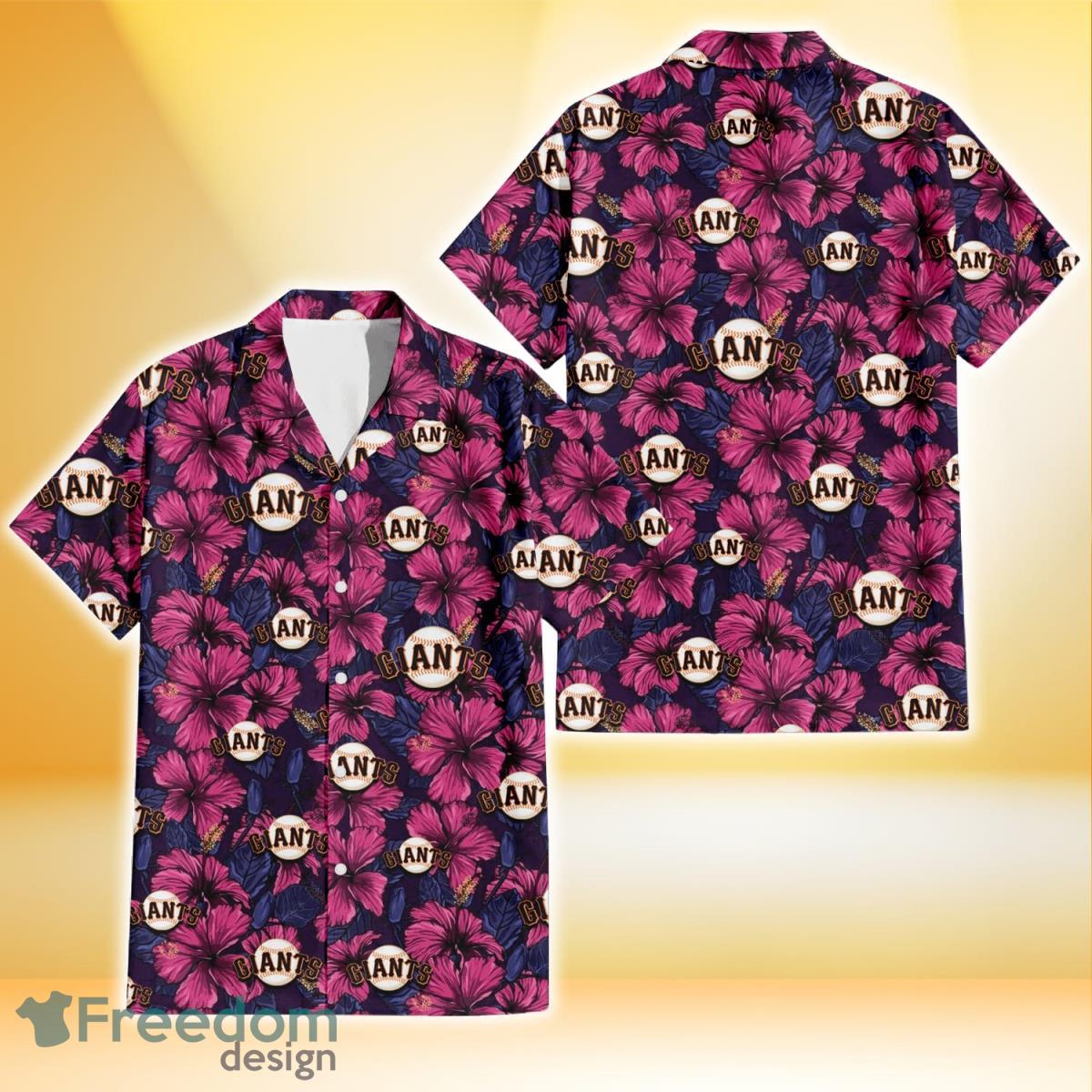 San Francisco Giants Violet Red Blue Leaf Black Background 3D Hawaiian Shirt Gift For Fans Product Photo 1