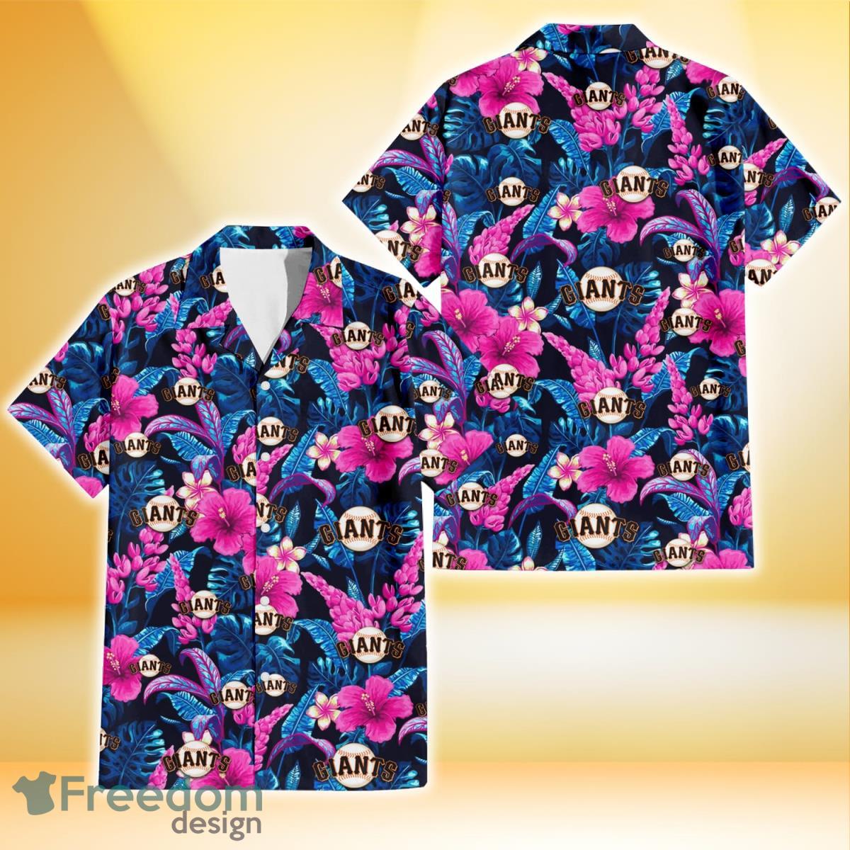 San Francisco Giants Violet Red Hibiscus Blue Leaf Black Background 3D Hawaiian Shirt Gift For Fans Product Photo 2