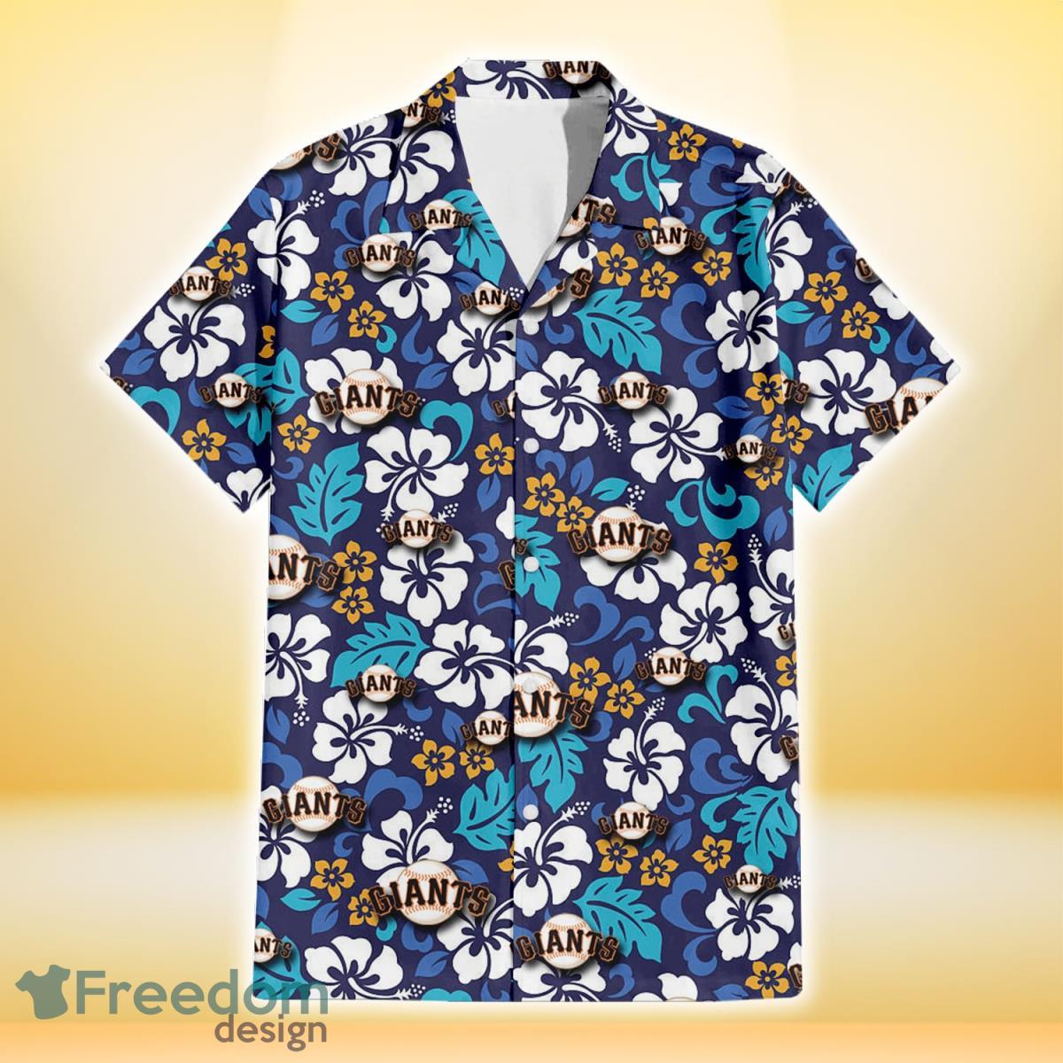 San Francisco Giants White Hibiscus Ceramic Style Navy Background 3D Hawaiian Shirt Gift For Fans Product Photo 2