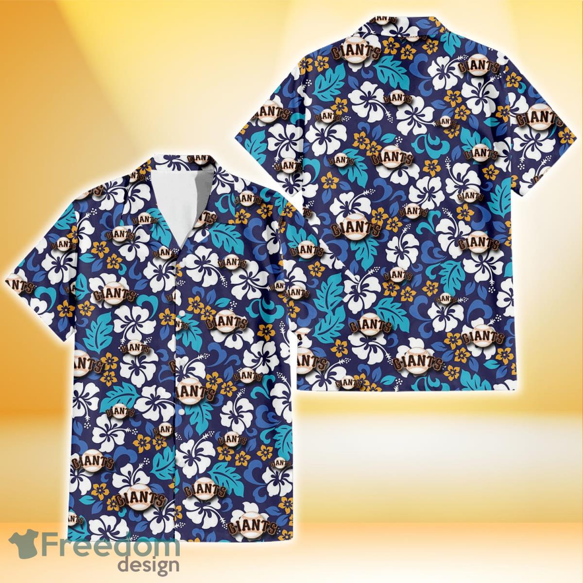 San Francisco Giants White Hibiscus Ceramic Style Navy Background 3D Hawaiian Shirt Gift For Fans Product Photo 1