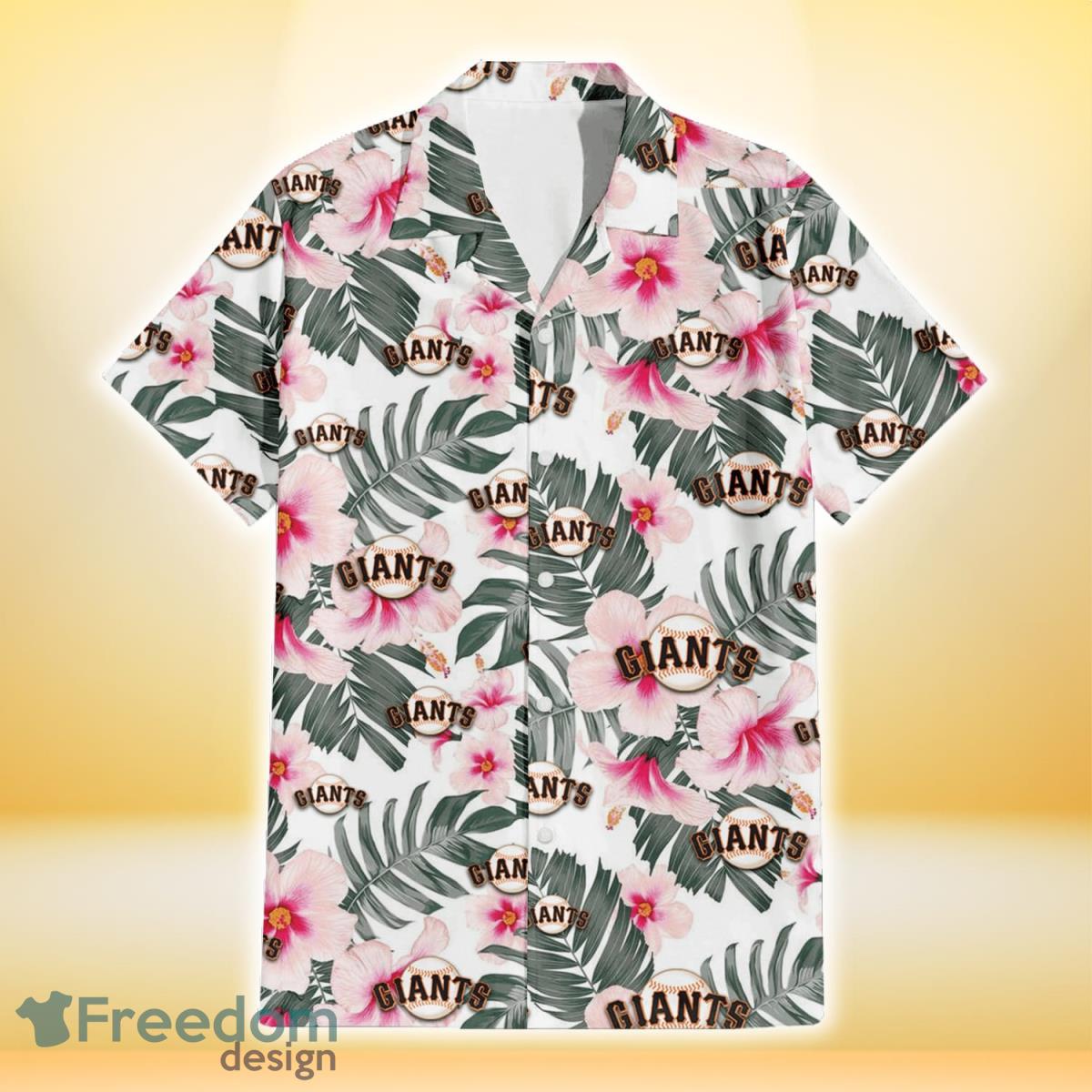 San Francisco Giants White Tropical Leaf Red Hibiscus Navy Background Hawaiian  Shirt