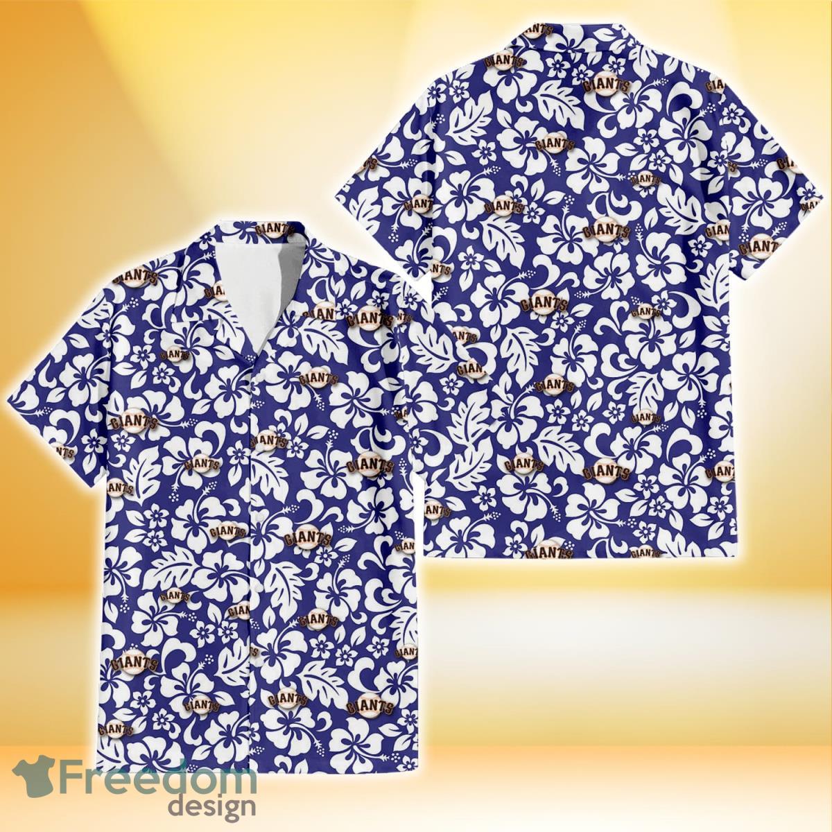 San Francisco Giants White Hibiscus Pattern Slate Blue Background 3D Hawaiian Shirt Gift For Fans Product Photo 1