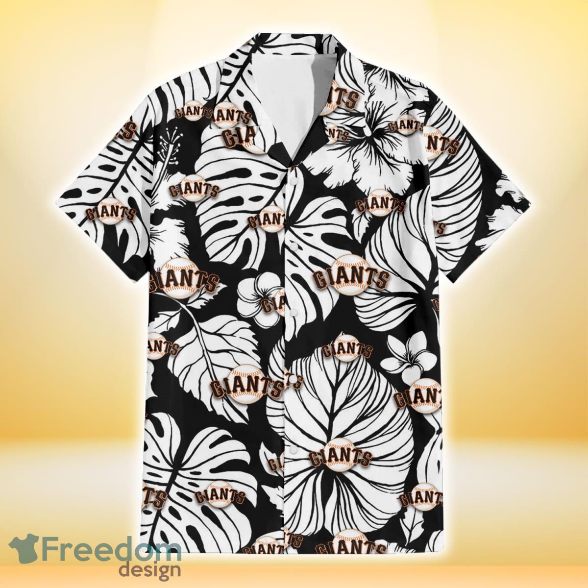 San Francisco Giants White Hibiscus Porcelain Flower Palm Leaf Black 3D Hawaiian Shirt Gift For Fans Product Photo 2