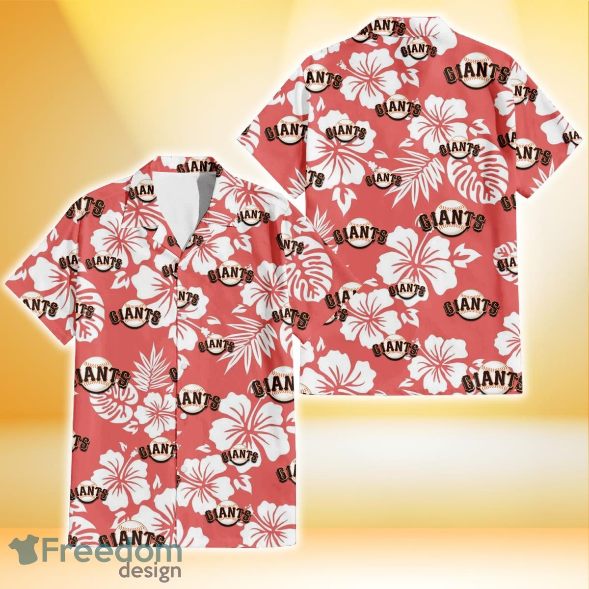 San Francisco Giants White Hibiscus Salmon Background 3D Hawaiian Shirt Gift For Fans Product Photo 1