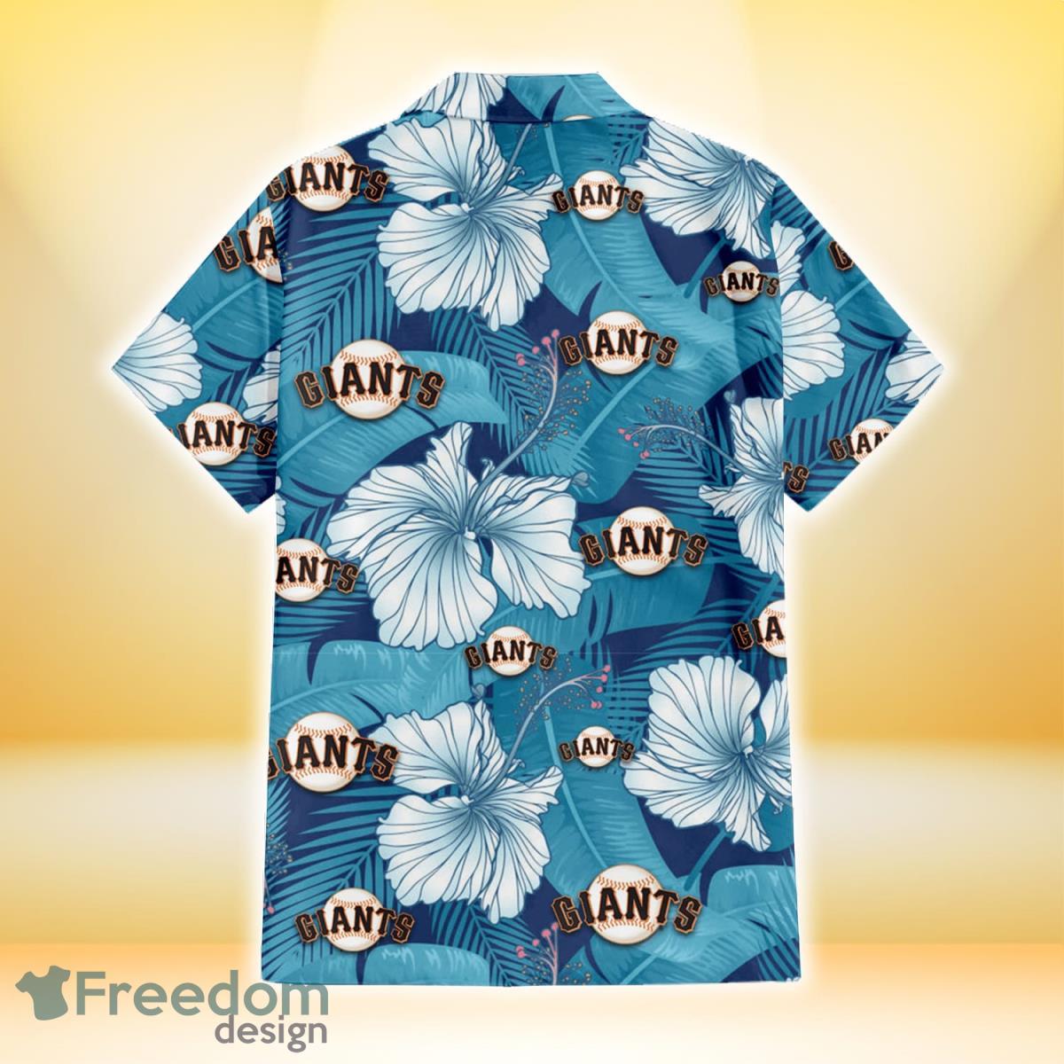 San Francisco Giants White Hibiscus Turquoise Banana Leaf Navy Background 3D Hawaiian Shirt Gift For Fans Product Photo 2