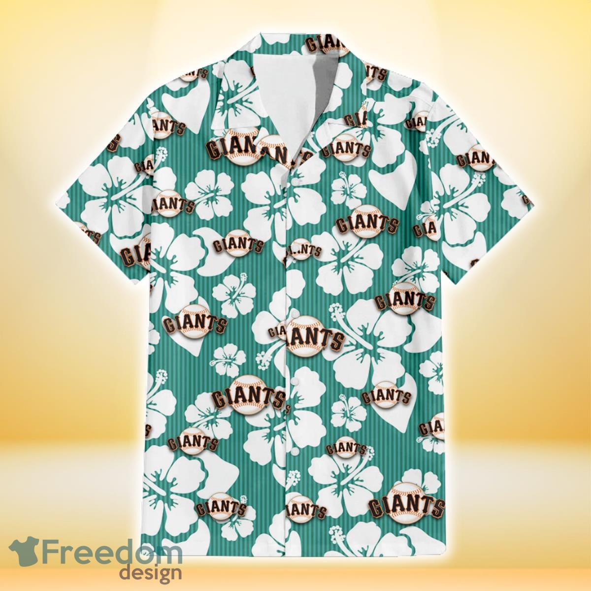 San Francisco Giants White Hibiscus Turquoise Stripe Background 3D Hawaiian Shirt Gift For Fans Product Photo 2