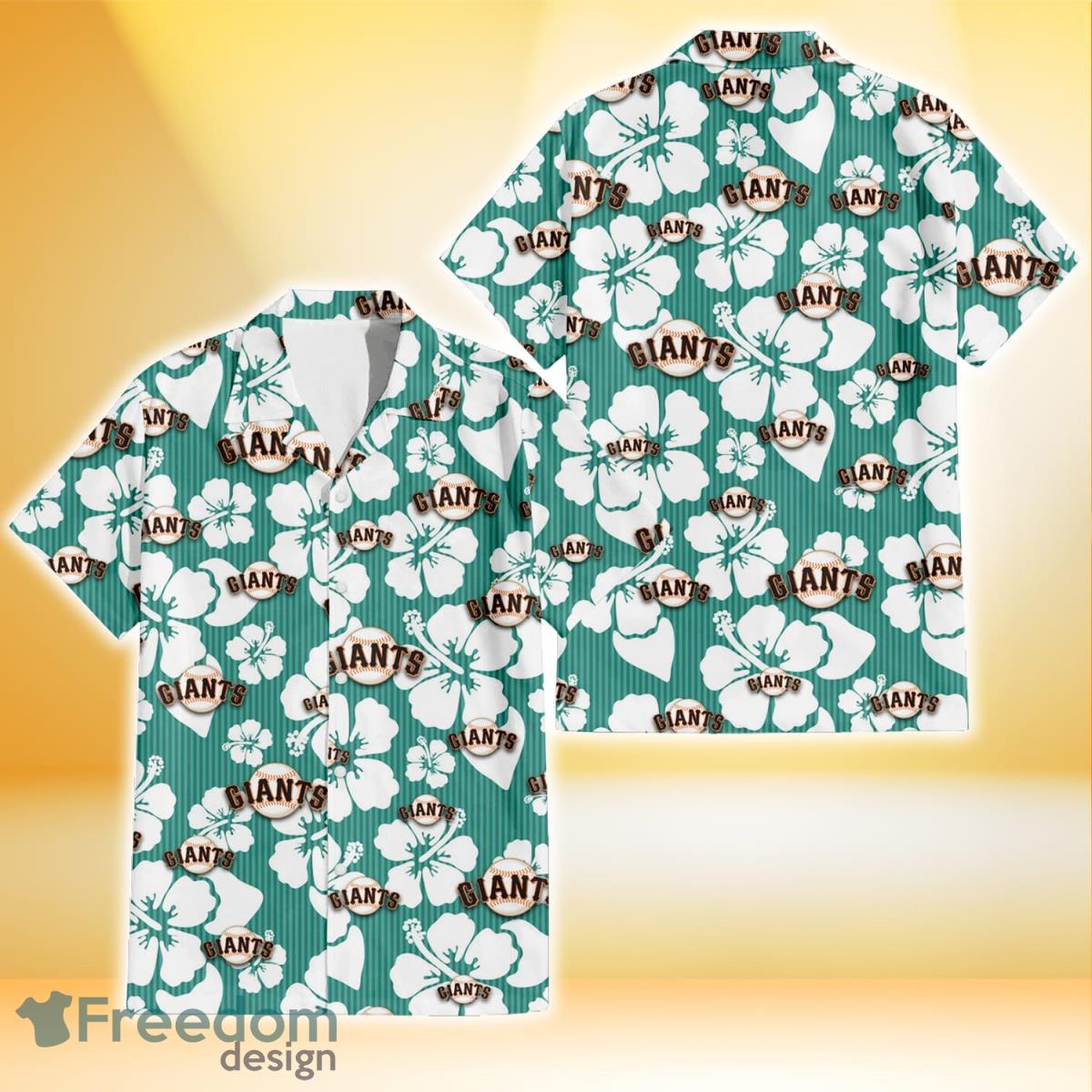 San Francisco Giants White Hibiscus Turquoise Stripe Background 3D Hawaiian Shirt Gift For Fans Product Photo 1