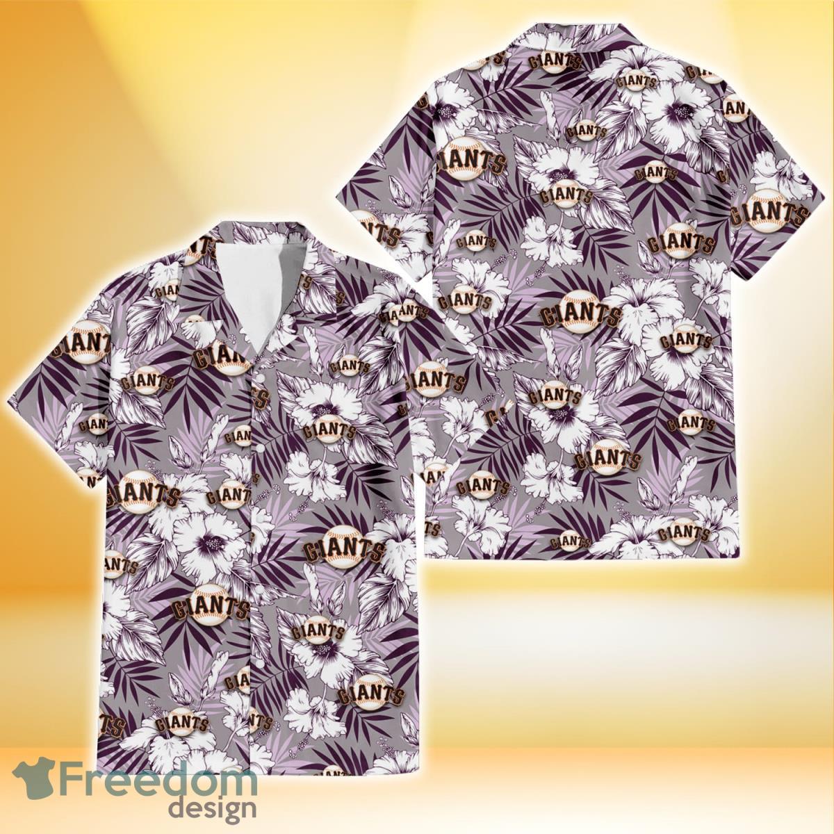 San Francisco Giants White Hibiscus Violet Leaves Light Grey Background 3D Hawaiian Shirt Gift For Fans Product Photo 2