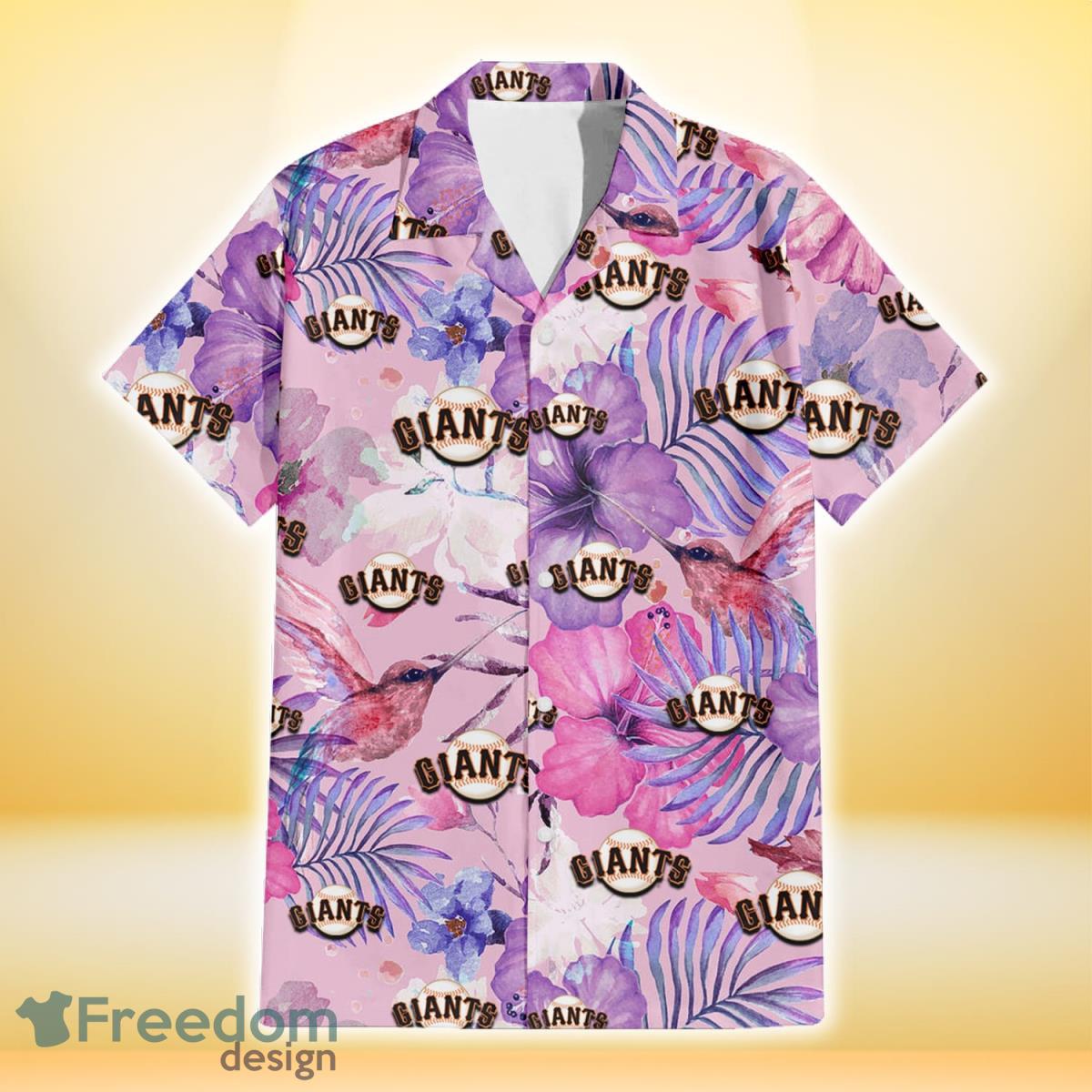 San Francisco Giants White Purple Hibiscus Pink Hummingbird Pink Background 3D Hawaiian Shirt Gift For Fans Product Photo 2