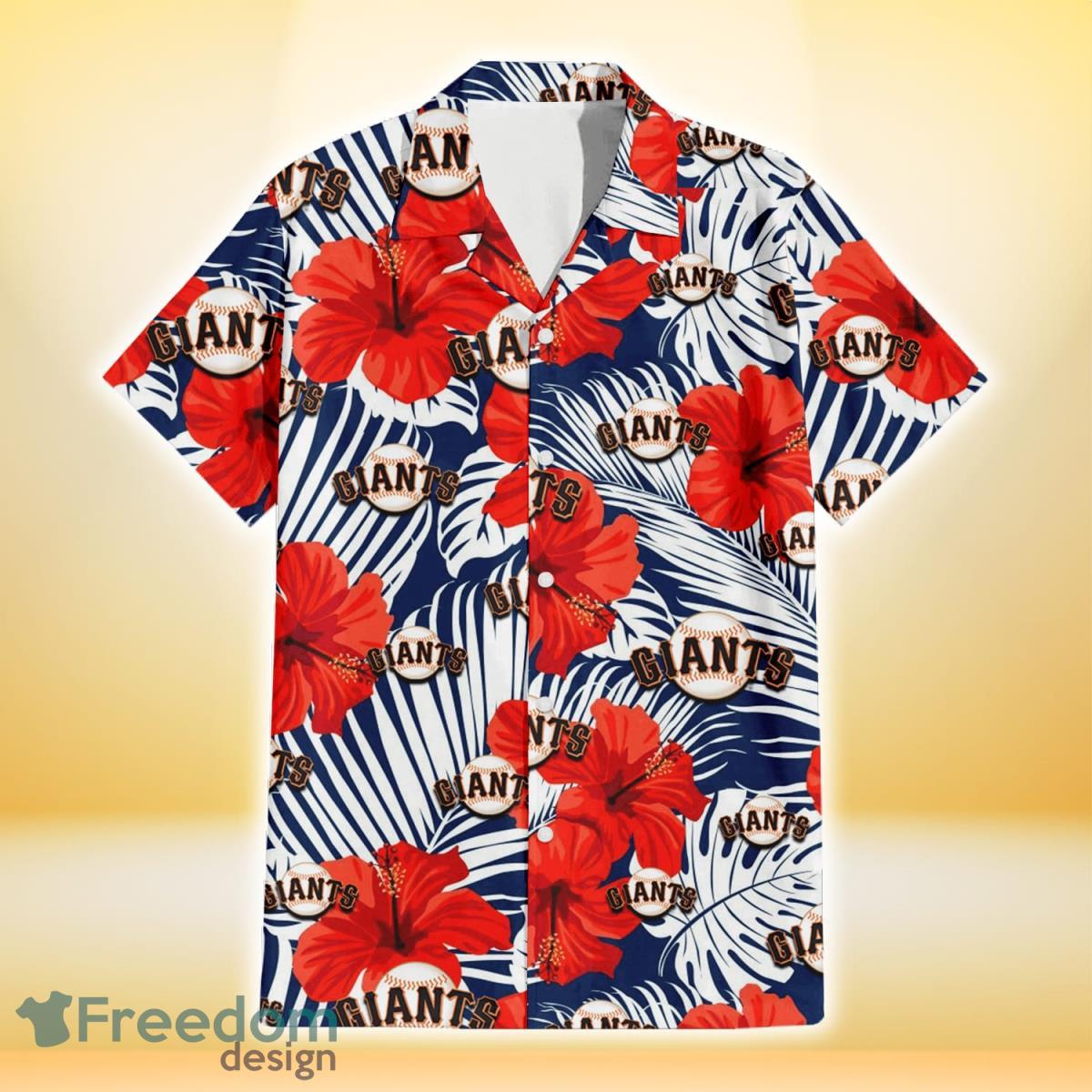 San Francisco Giants White Tropical Leaf Red Hibiscus Navy Background 3D Hawaiian Shirt Gift For Fans Product Photo 2