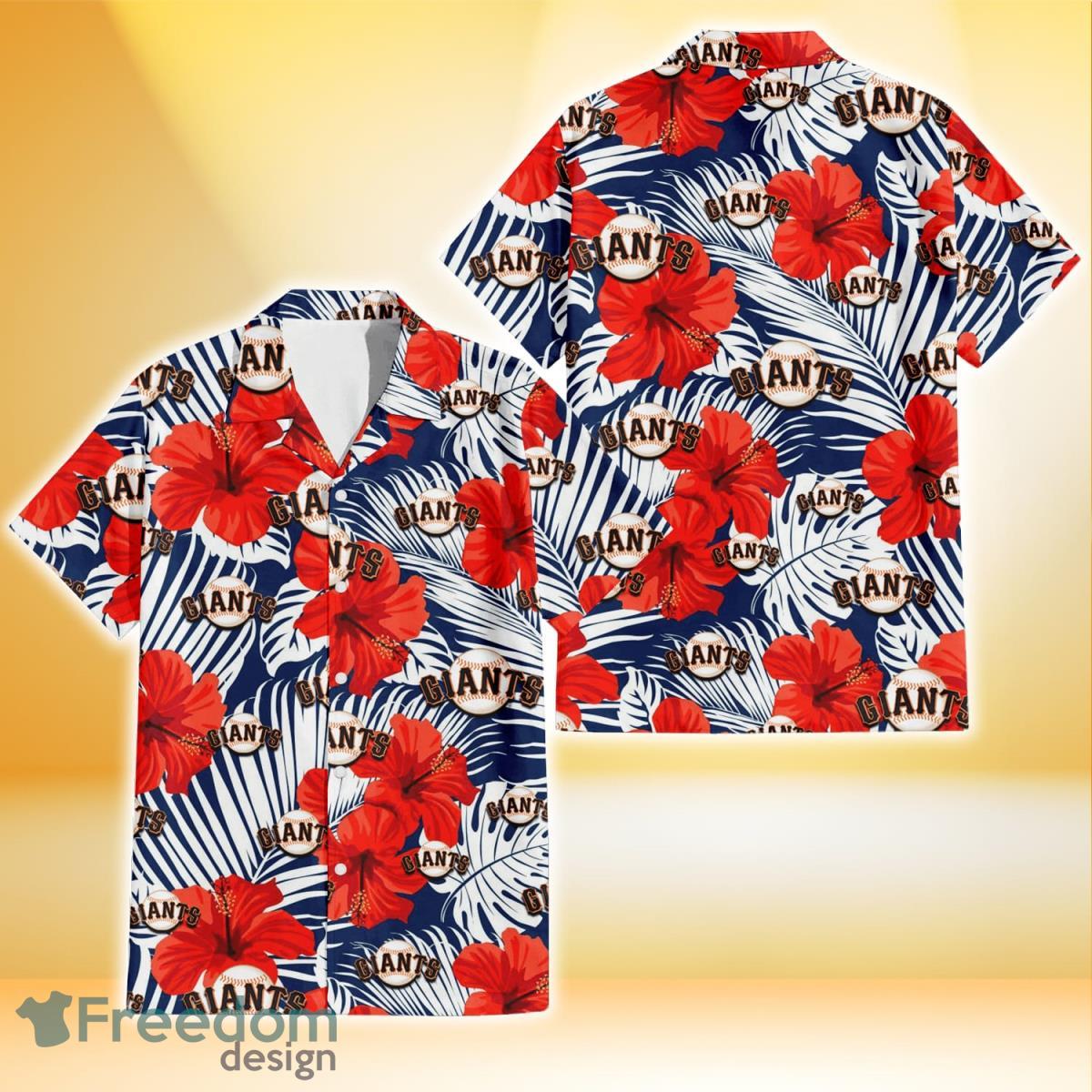 San Francisco Giants White Tropical Leaf Red Hibiscus Navy Background 3D Hawaiian Shirt Gift For Fans Product Photo 1