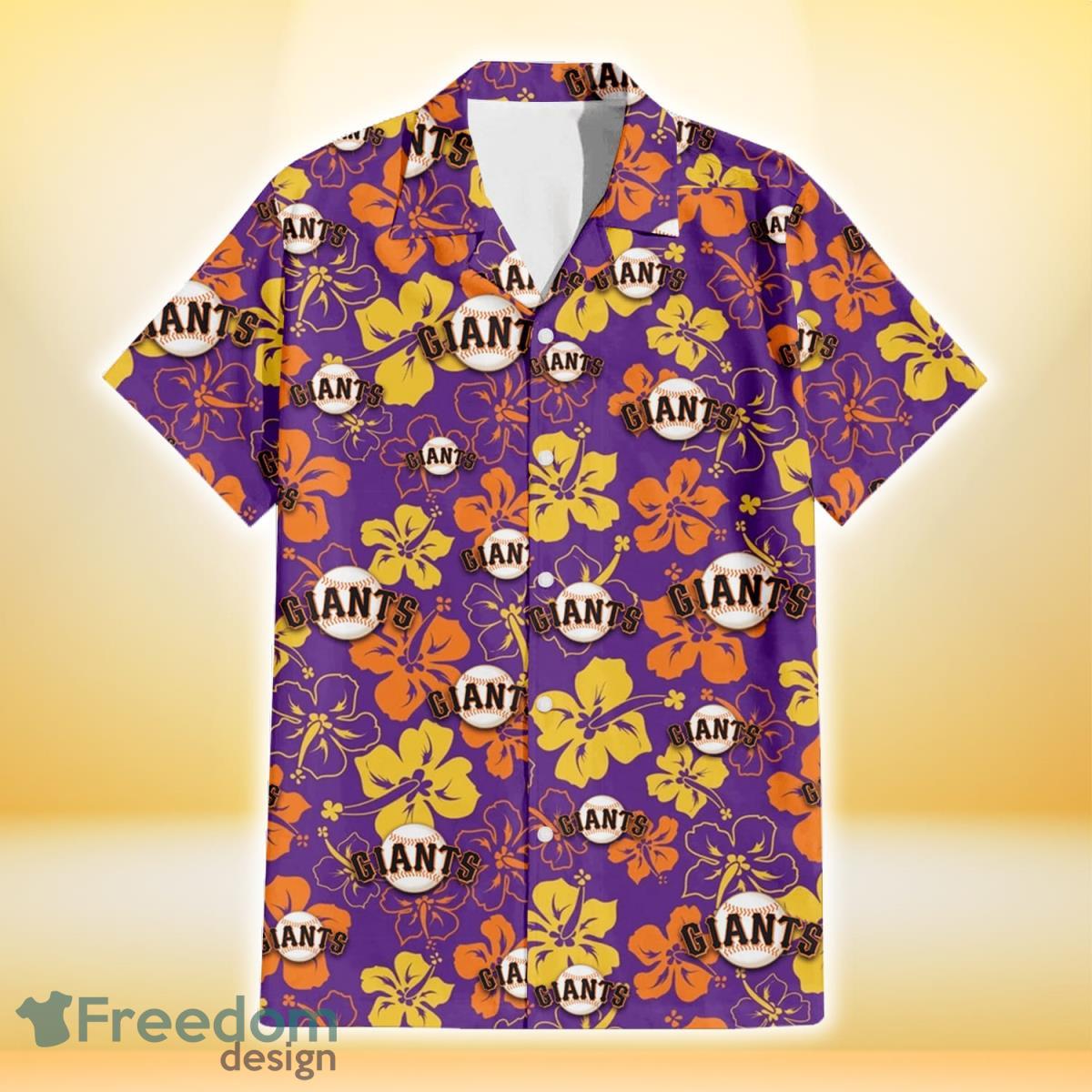 San Francisco Giants Yellow And Orange Hibiscus Purple Background 3D Hawaiian Shirt Gift For Fans Product Photo 2