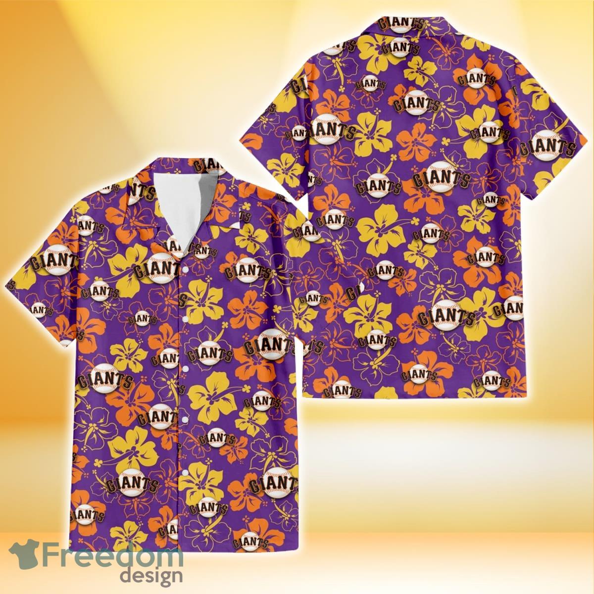 San Francisco Giants Yellow And Orange Hibiscus Purple Background 3D Hawaiian Shirt Gift For Fans Product Photo 1