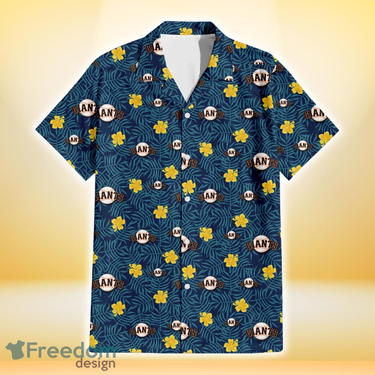 San Francisco Giants Yellow Hibiscus Cadet Blue Leaf Navy Background 3D Hawaiian Shirt Gift For Fans Product Photo 2