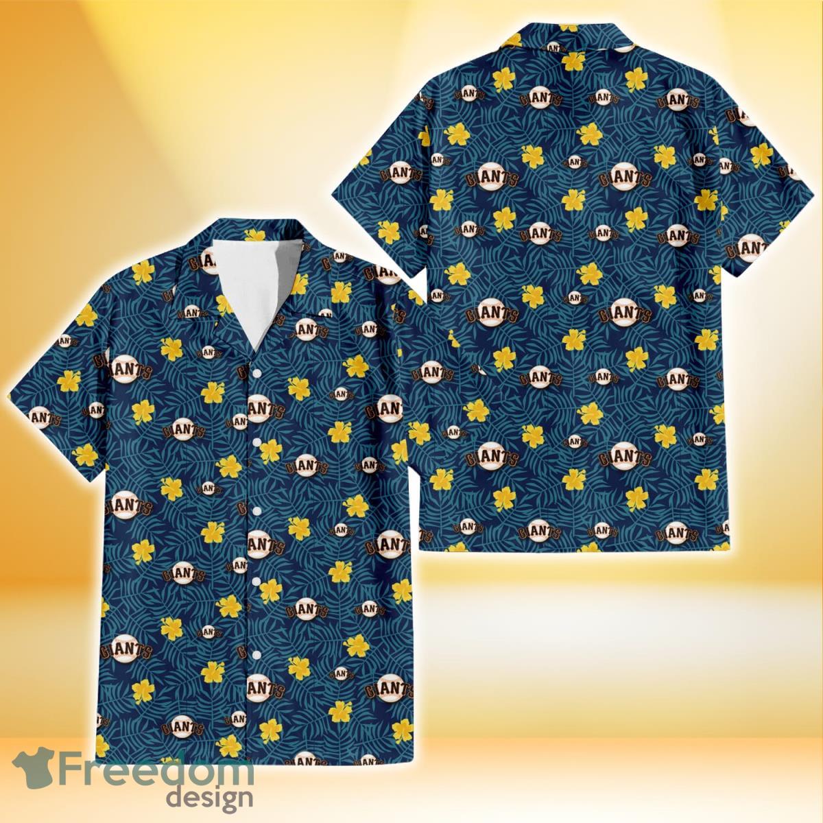 San Francisco Giants Yellow Hibiscus Cadet Blue Leaf Navy Background 3D Hawaiian Shirt Gift For Fans Product Photo 1