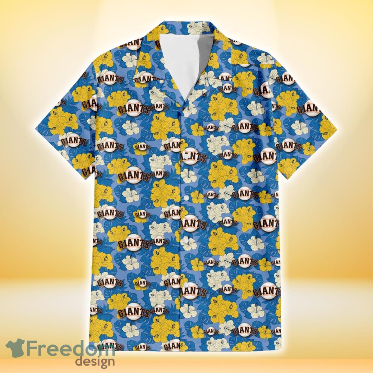 San Francisco Giants Yellow White Hibiscus Powder Blue Background 3D Hawaiian Shirt Gift For Fans Product Photo 2