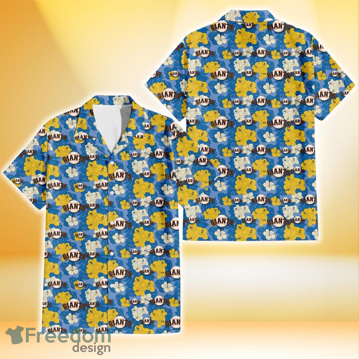 San Francisco Giants Yellow White Hibiscus Powder Blue Background 3D Hawaiian Shirt Gift For Fans Product Photo 1