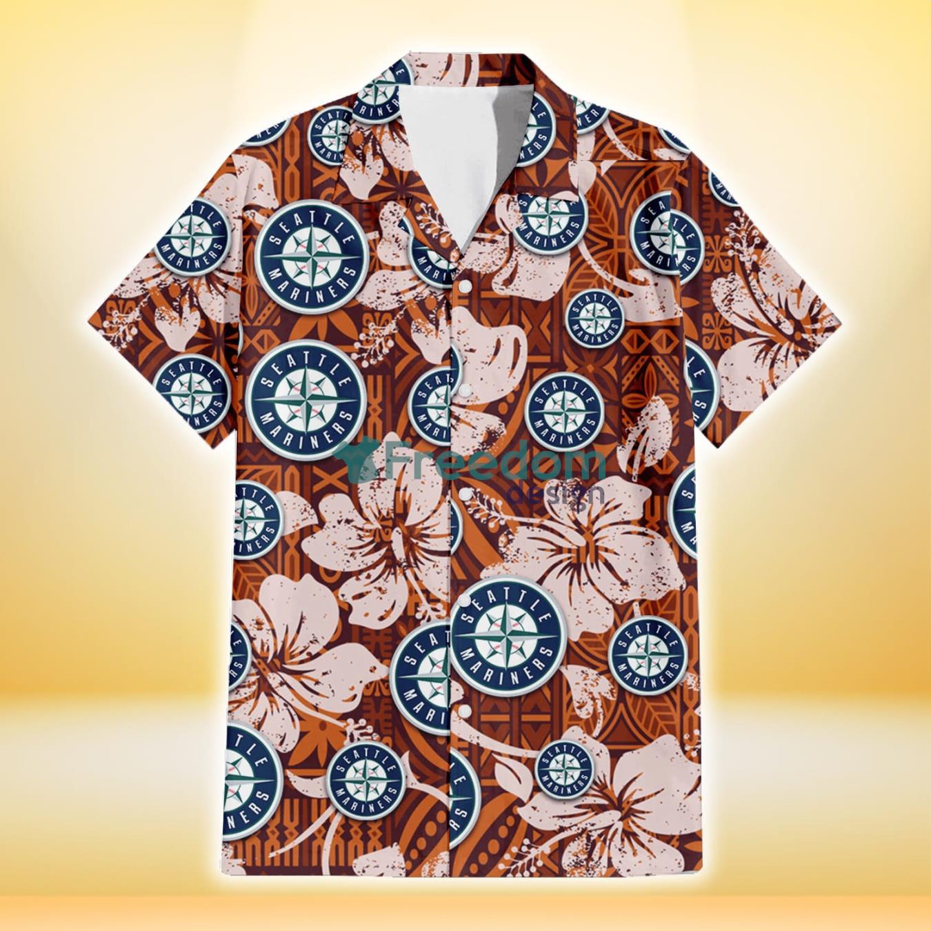 Seattle Mariners Bisque Hibiscus Brown Pattern 3D Hawaiian Shirt Gift For Fans Product Photo 2