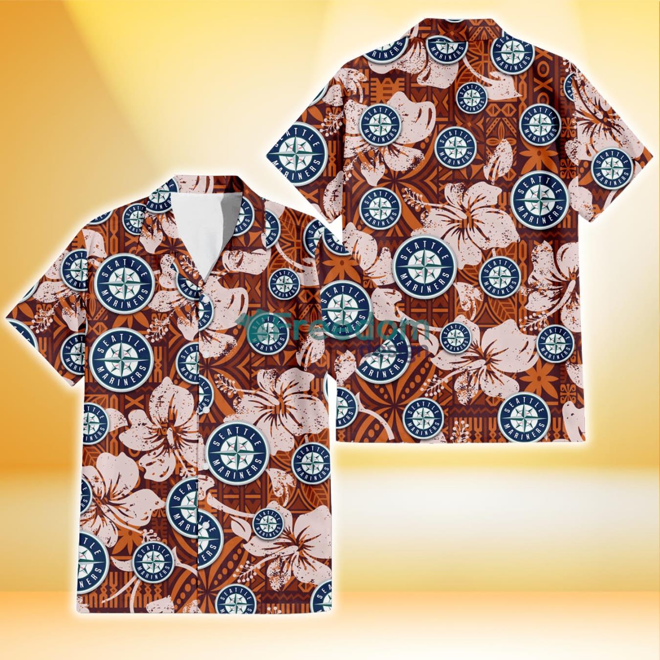 Seattle Mariners Bisque Hibiscus Brown Pattern 3D Hawaiian Shirt Gift For Fans Product Photo 1