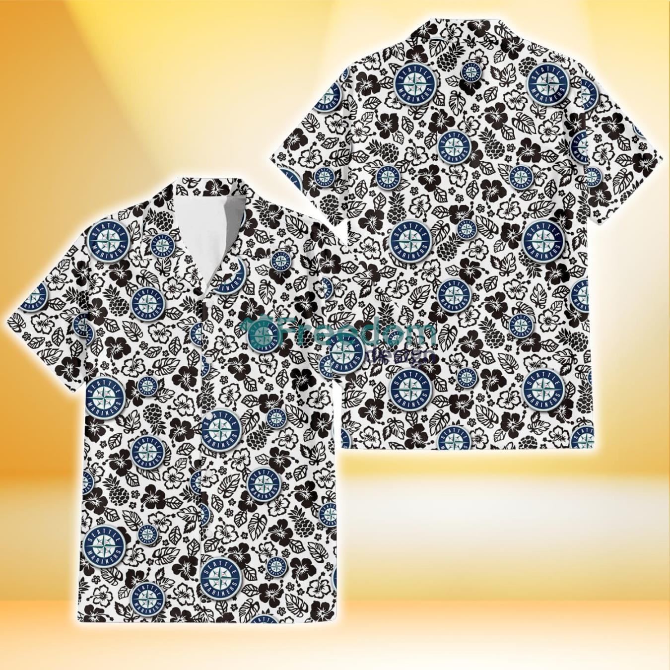 Seattle Mariners Black And White Hibiscus Leaf White Background 3D Hawaiian Shirt Gift For Fans Product Photo 1