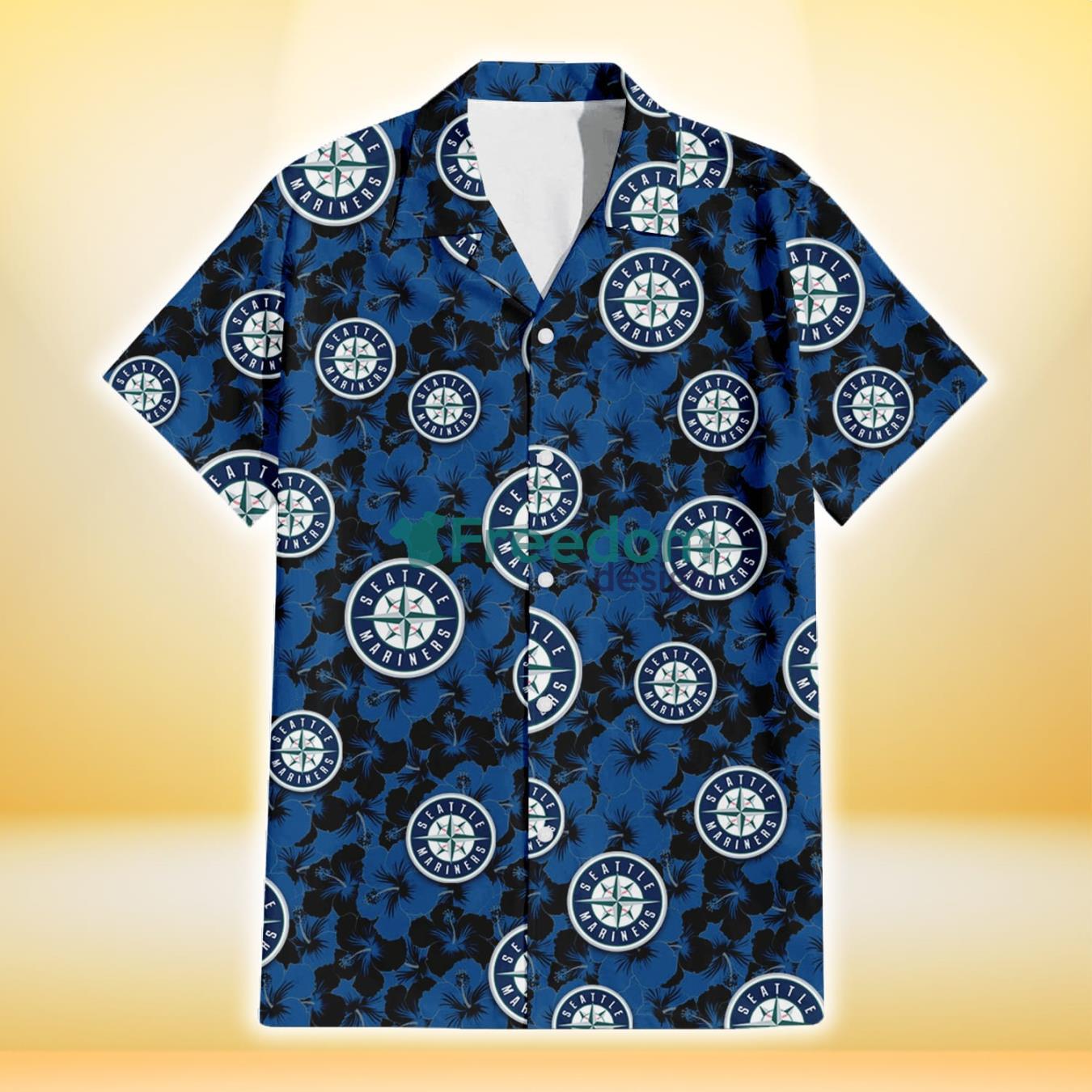 Seattle Mariners Black Dark Blue Hibiscus Black Background 3D Hawaiian Shirt Gift For Fans Product Photo 2