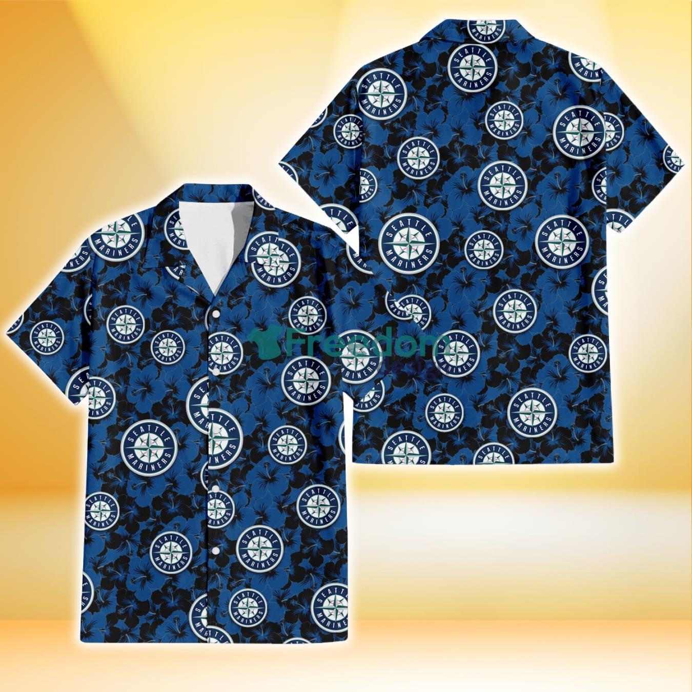 Seattle Mariners Black Dark Blue Hibiscus Black Background 3D Hawaiian Shirt Gift For Fans Product Photo 1