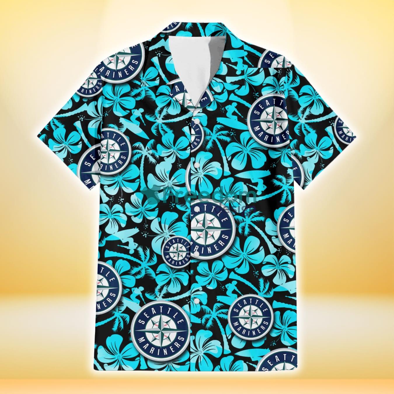 Seattle Mariners Blue Hibiscus Blue Coconut Tree Black Background 3D Hawaiian Shirt Gift For Fans Product Photo 2