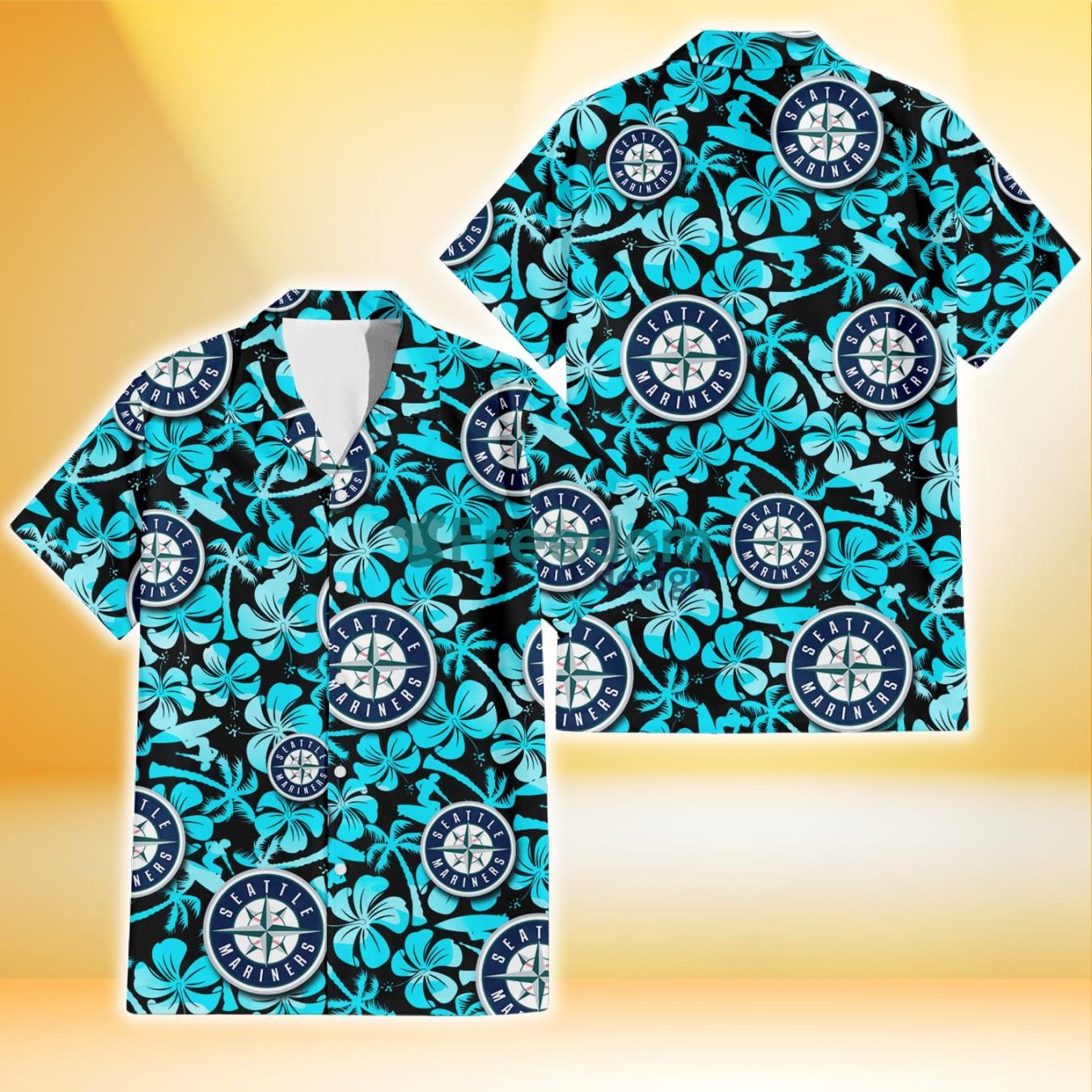 Seattle Mariners Blue Hibiscus Blue Coconut Tree Black Background 3D Hawaiian Shirt Gift For Fans Product Photo 1