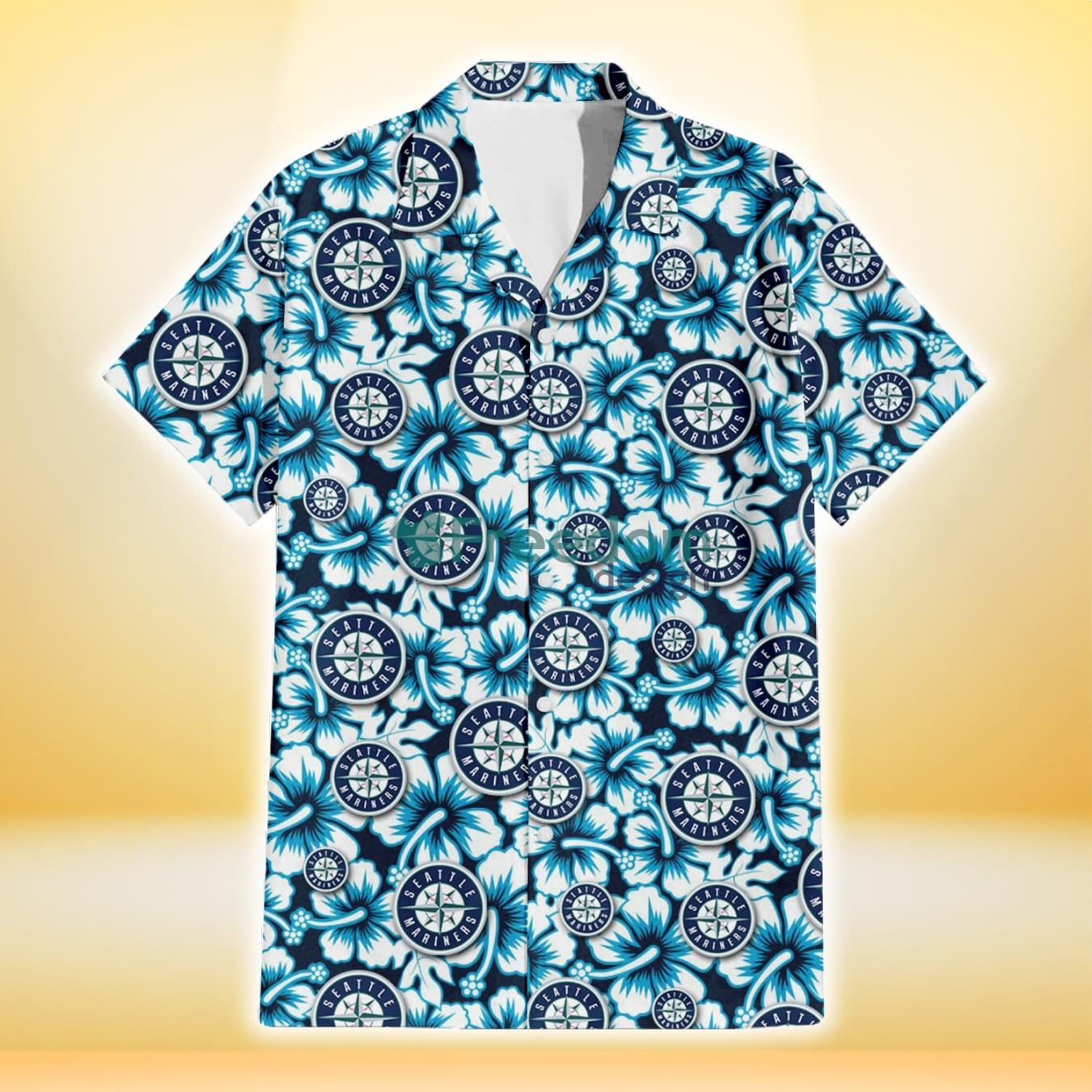 Seattle Mariners Blue Line White Hibiscus Black Background 3D Hawaiian Shirt Gift For Fans Product Photo 2