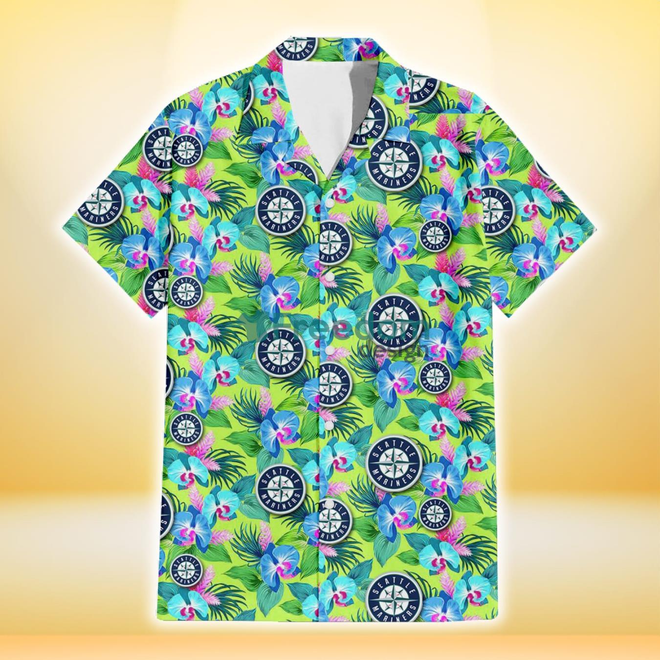 Seattle Mariners Blue Orchid Green Pink Leaf Green Background 3D Hawaiian Shirt Gift For Fans Product Photo 2