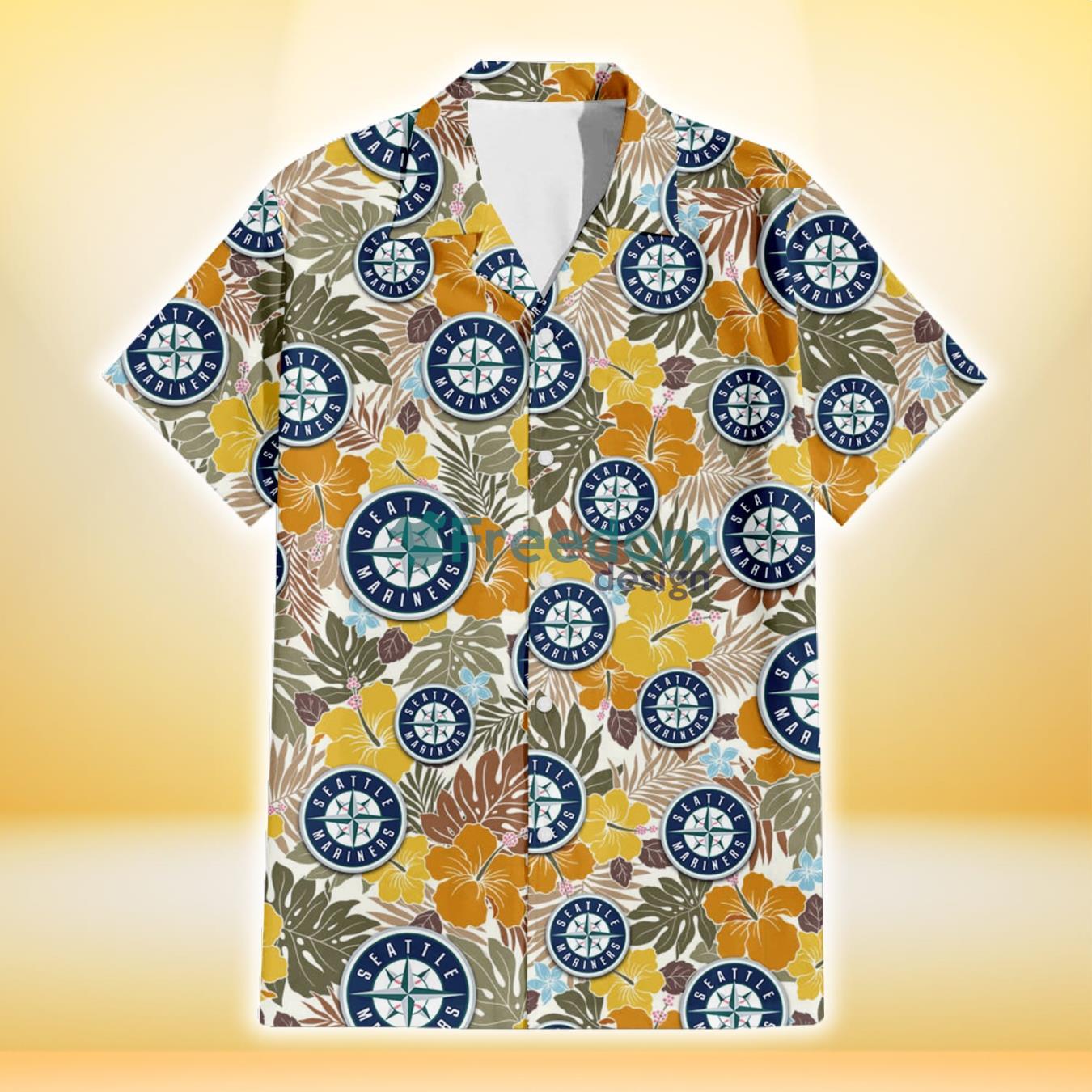 Seattle Mariners Pink Yellow White Hibiscus Turquoise Background 3D  Hawaiian Shirt Gift For Fans - YesItCustom