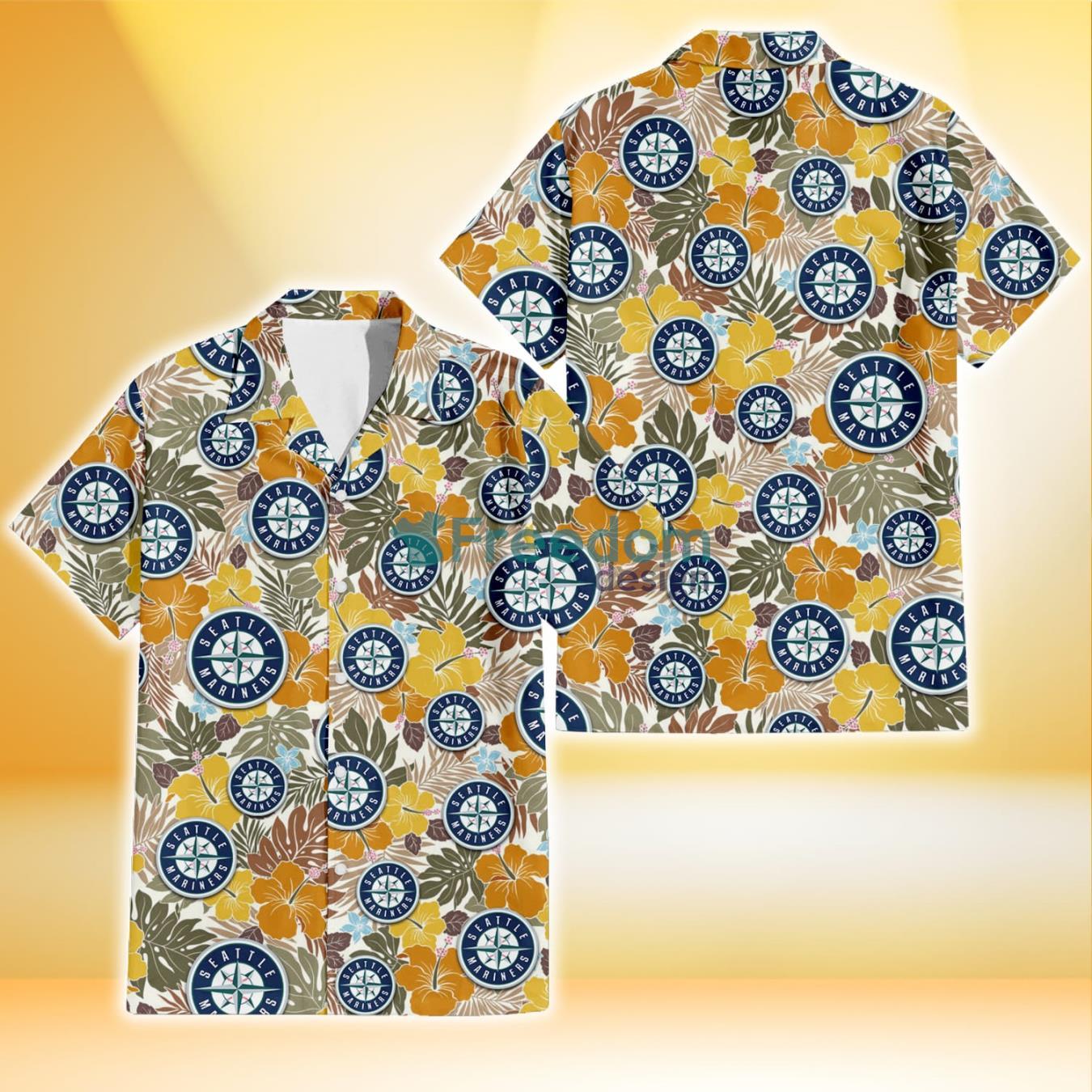 Seattle Mariners Brown Yellow Hibiscus White Background 3D Hawaiian Shirt Gift For Fans Product Photo 1