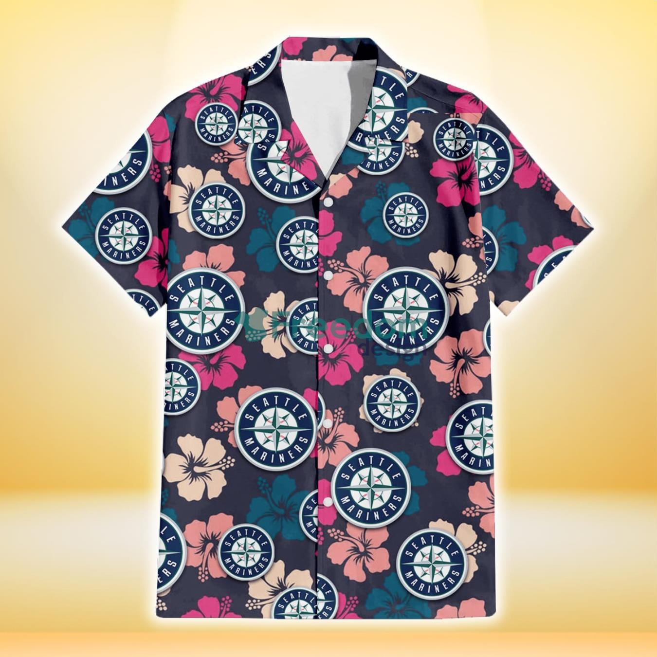 Seattle Mariners Colorful Hibiscus Black Background 3D Hawaiian Shirt Gift For Fans Product Photo 2